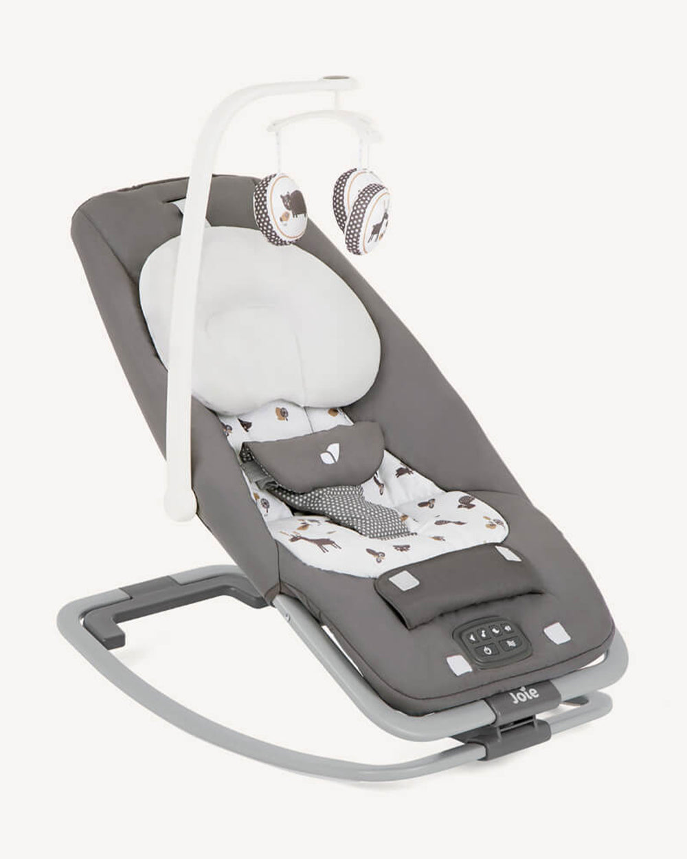 Joie Dreamer Rocker & Bouncer-3 Position Reclining Seat-2 Position Adjustable Leg Rest-With Removable & Rotating Toy Bar-Battery Operated-2 Years Warranty-Upto 9 Kg-Frankie & Friends