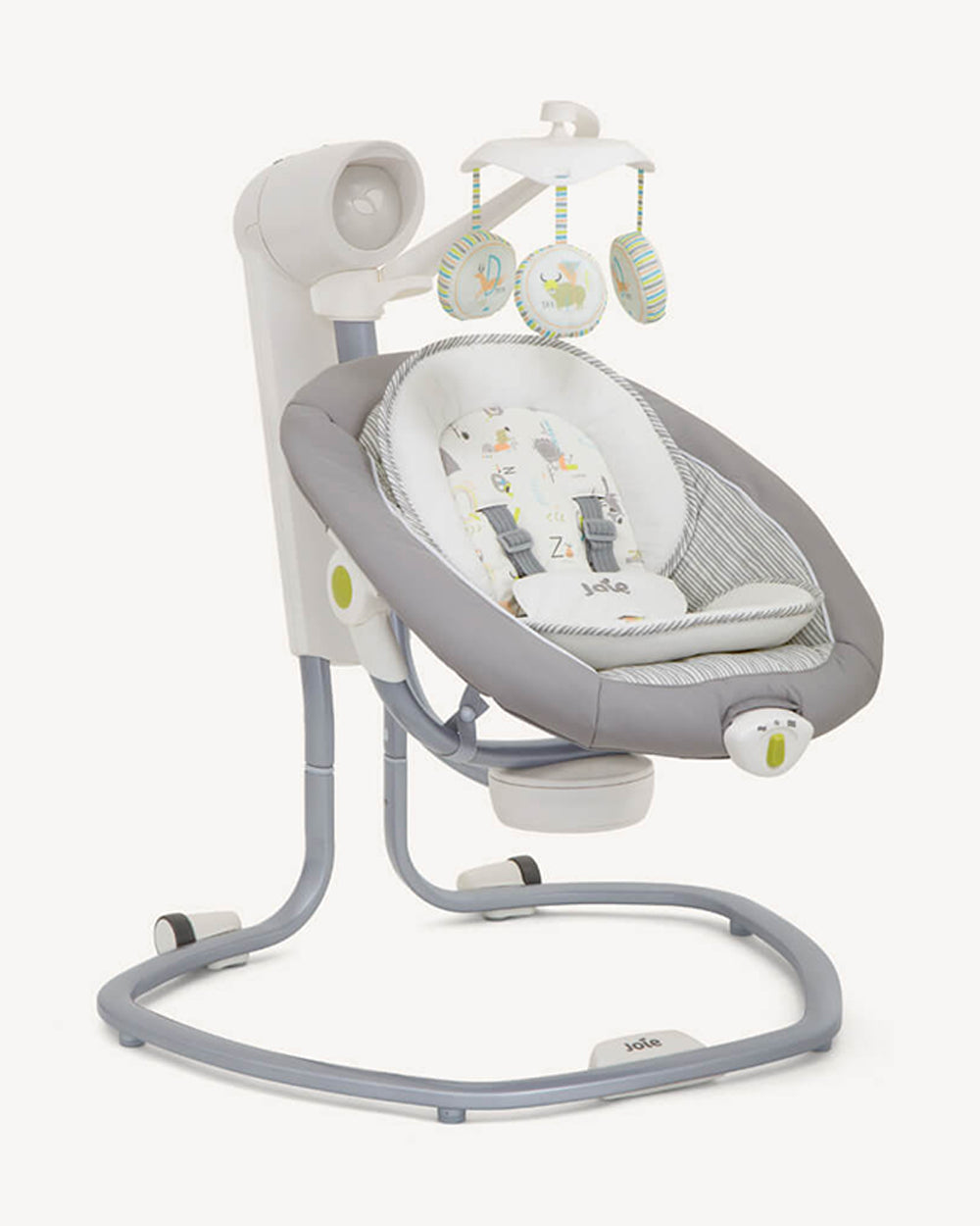 Joie Serina Swivel Baby Swing-3 Position Recline-6 Swing Speeds-With Toy Bar & 3 Plush Toys-2 Built In Wheels-For 0 to 9Kg-Nature's Alphabet