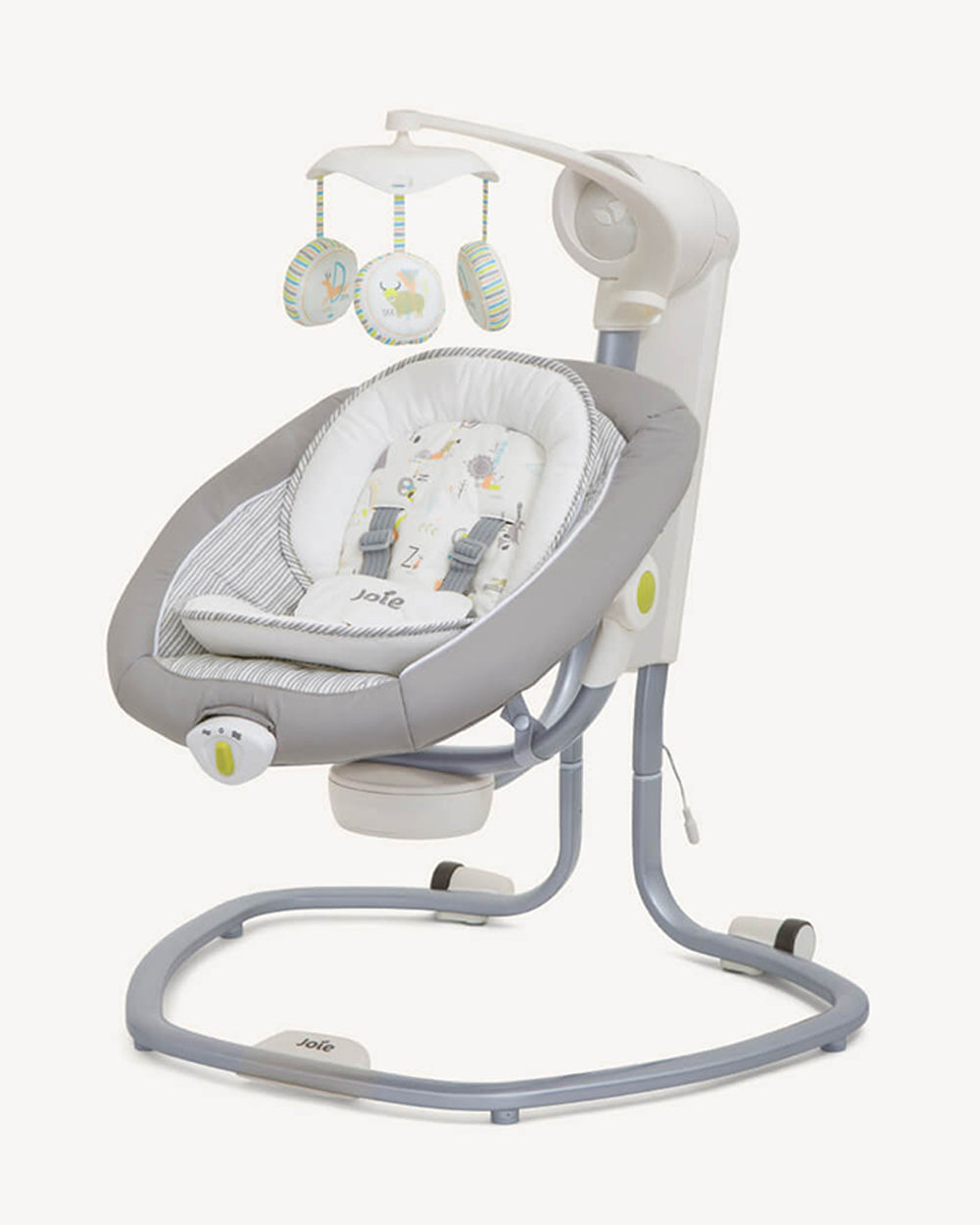 Joie Serina Swivel Baby Swing-3 Position Recline-6 Swing Speeds-With Toy Bar & 3 Plush Toys-2 Built In Wheels-For 0 to 9Kg-Nature's Alphabet