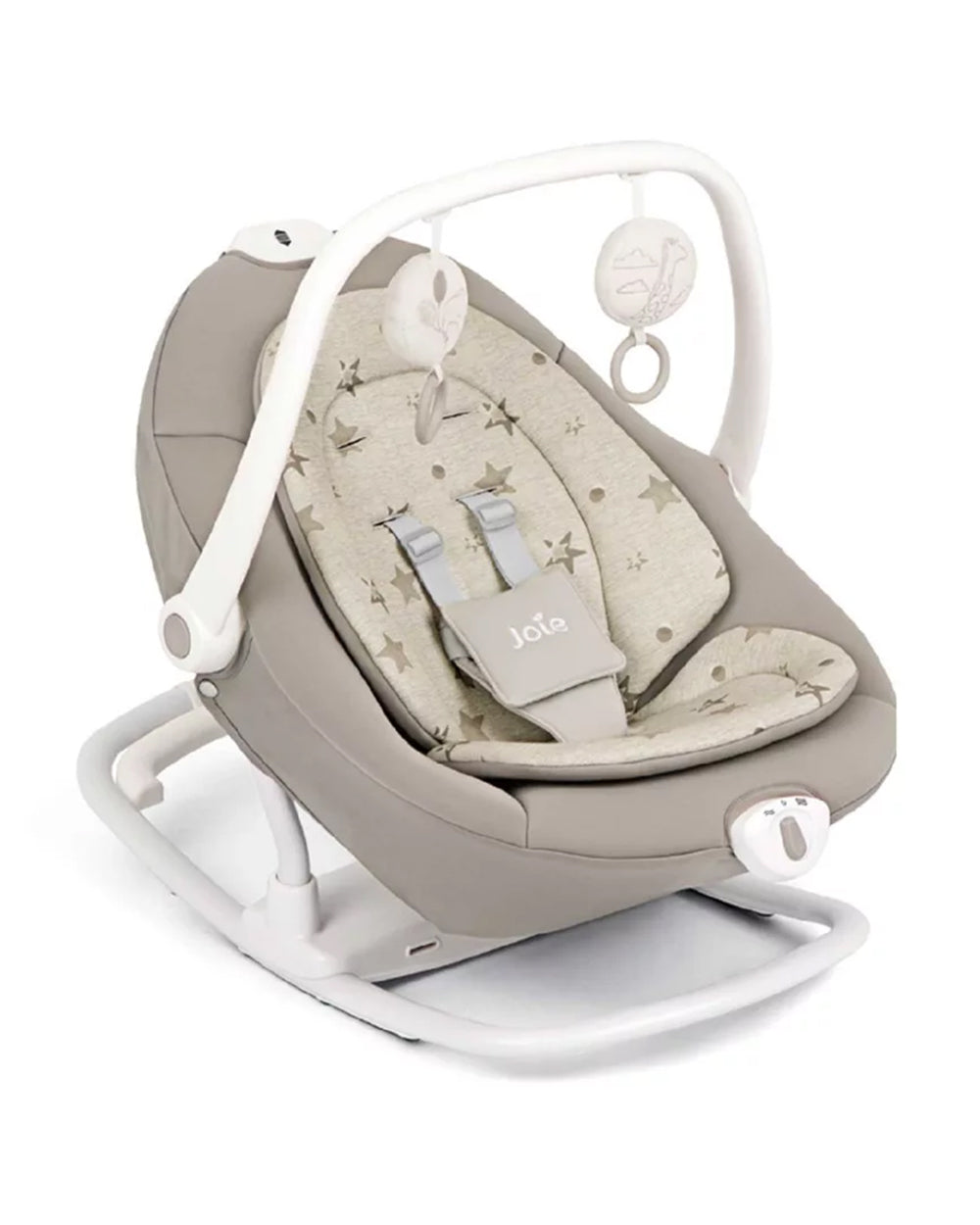 Joie Sansa 2 in 1 Baby Bouncer & Rocker-3 Position Recline-Multi Motion Soother Sways Side to Side-With Toy Bar & Two Plush Toys-For 0 to 9 Kg-Cosmo Tan