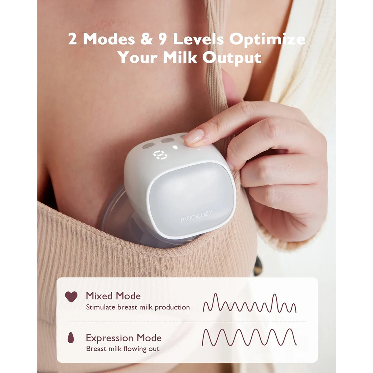 Momcozy S9 Pro Wearable Breast Pump-Portable, Silicone Material, With Long Battery Life-Flange Size 24mm-Hands free design with 2 modes and 9 Levels-LED Display-Quiet Motor-Grey-Pack of 2