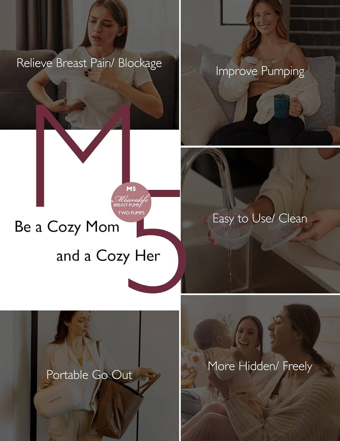 Momcozy All-in-one M5 Wearable Double Electric Breast Pump - Painless Pumping - Portable - 3 Modes & 9 Suction Levels - Rechargeable - Purple