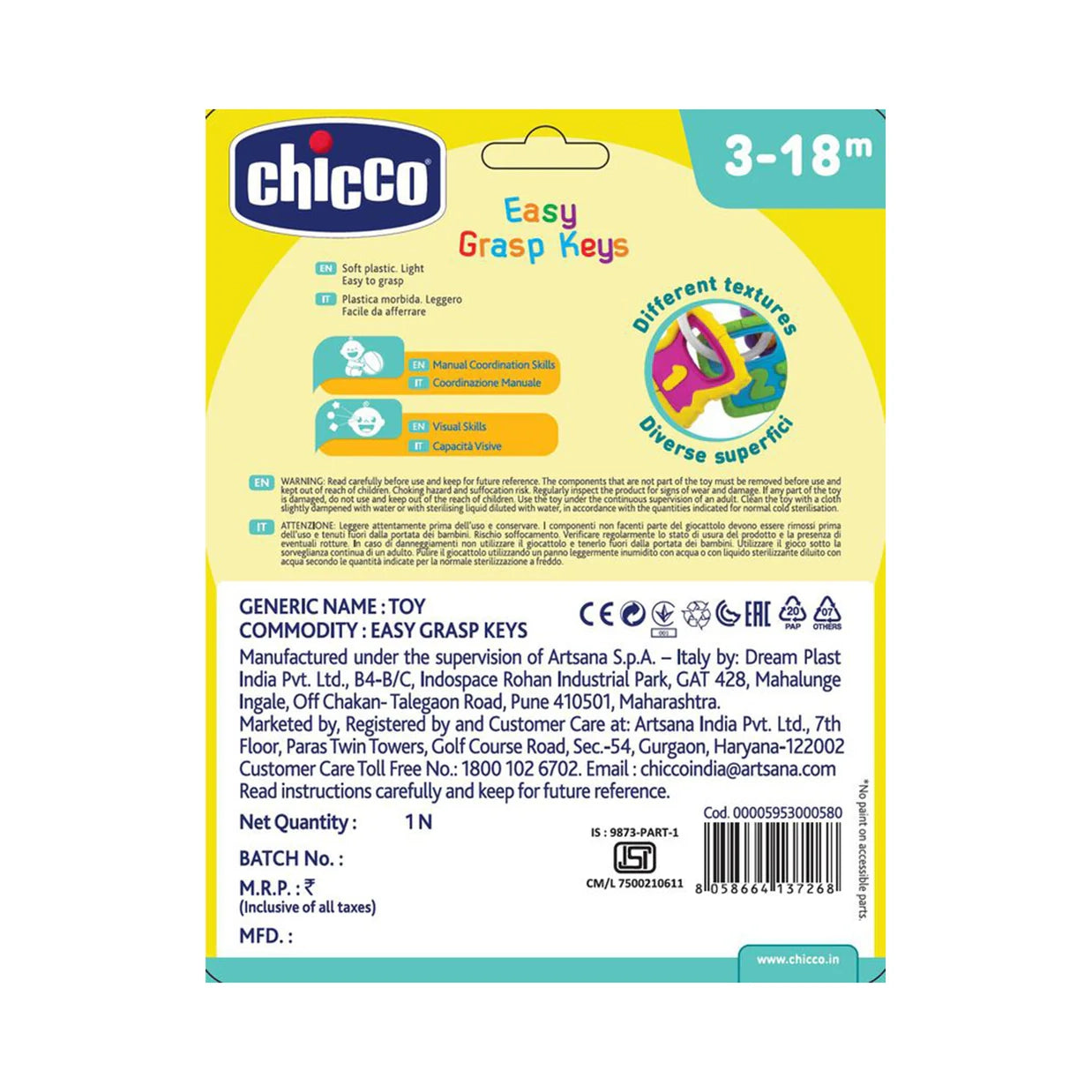 Chicco Easy Grasp Keys Rattle Teether-BPA Free & Non Toxic