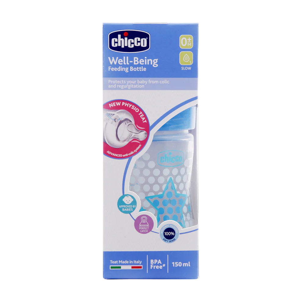 Chicco Well Being Feeding Bottle-Anti Colic-Slow Flow-150 ml-Blue-0M+