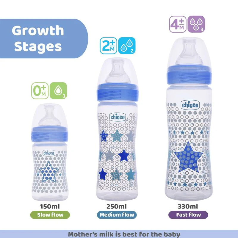 Chicco Well Being Feeding Bottle-Anti Colic-Slow Flow-150 ml-Blue-0M+