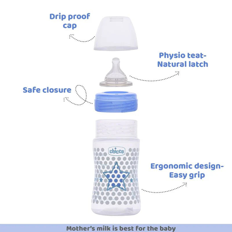 Chicco Well Being Feeding Bottle-Anti Colic-Slow Flow-150 ml-Blue-0M+