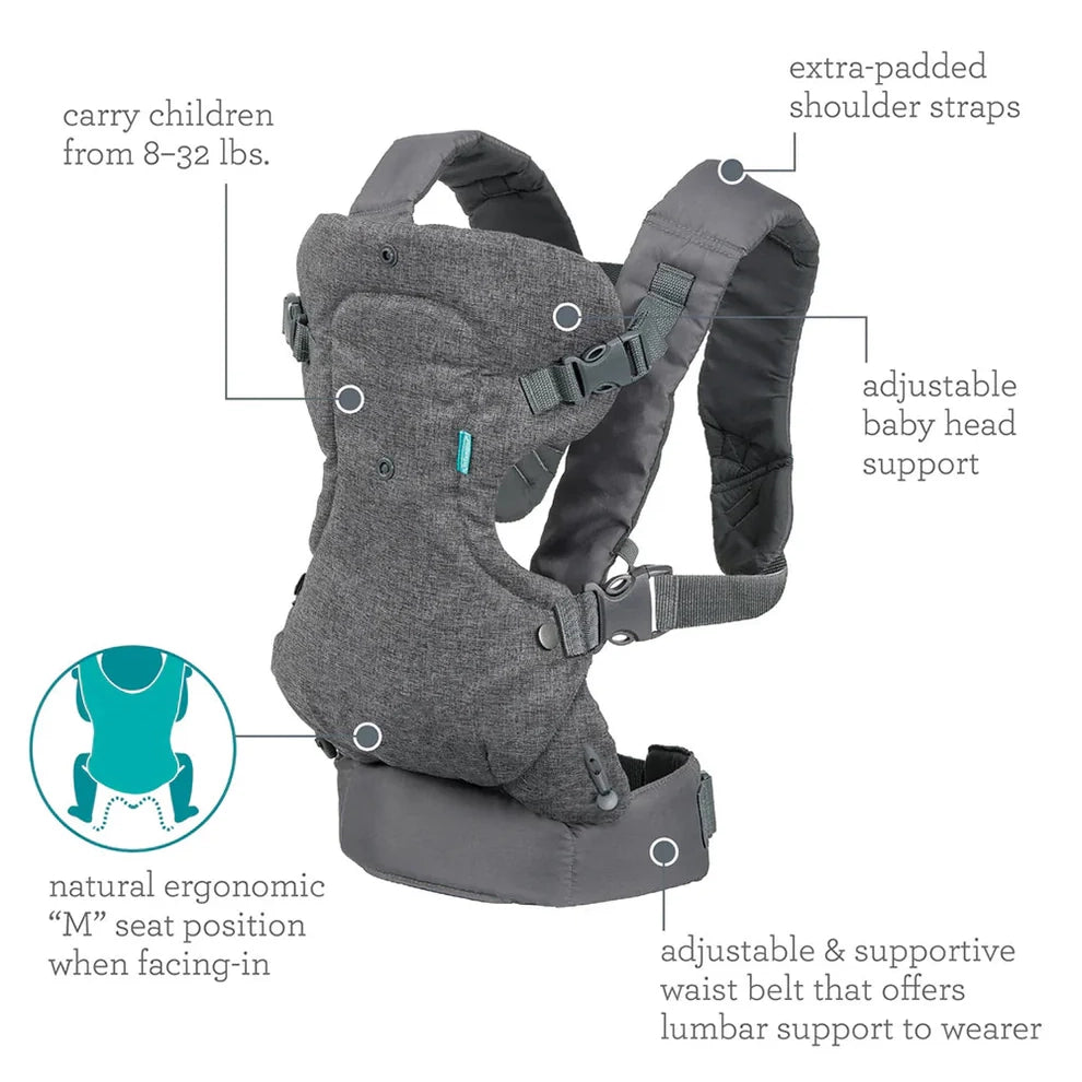 Infantino Flip 4-in-1 Convertible Baby Carrier-With 4 Carrying Positions-Head Support For Extra Comfort-Adjustable Waist Belt-For 0 to 3Y ( 3.5 to 14 Kg)-Grey