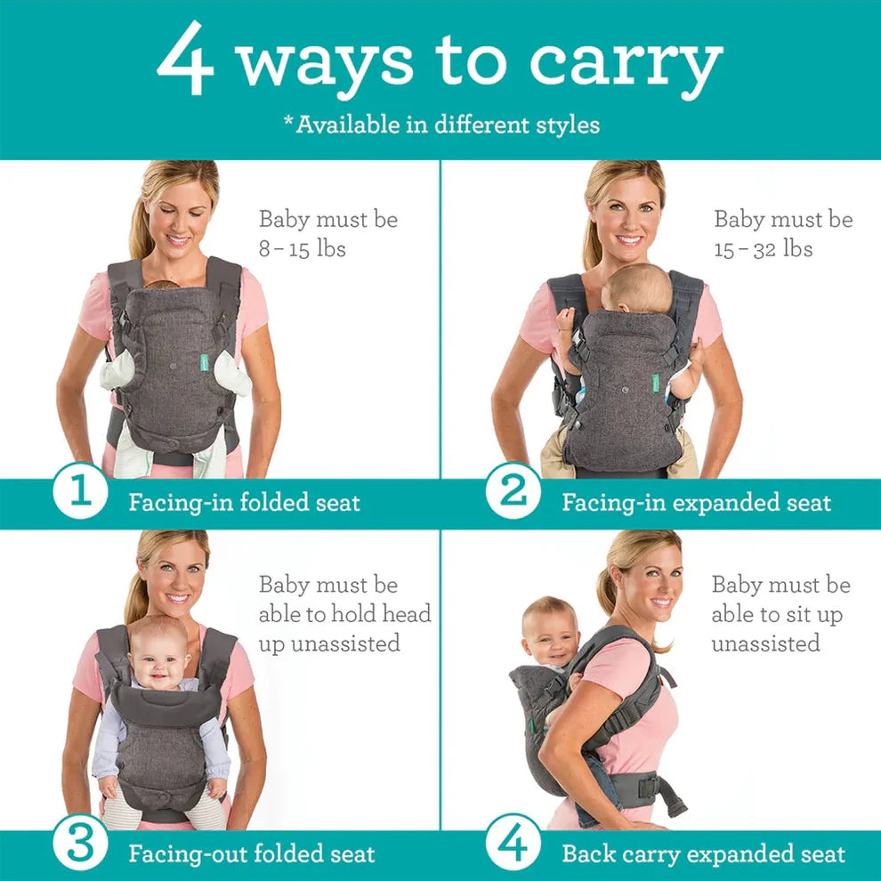 Infantino Flip 4-in-1 Convertible Baby Carrier-With 4 Carrying Positions-Head Support For Extra Comfort-Adjustable Waist Belt-For 0 to 3Y ( 3.5 to 14 Kg)-Grey