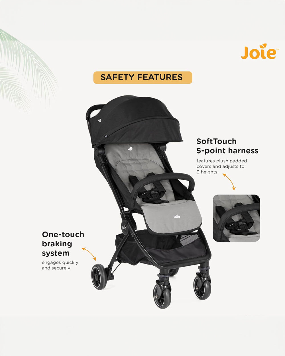 Joie Pact Lightweight Baby Stroller & Gemm Car Seat Travel System-Stroller Features (One Hand Fold, Flat Reclining Seat, Upto 15 Kg)-Car Seat Features (Airline Certified, Side Impact Protection, Upto 13 Kg)-Ember & Shale