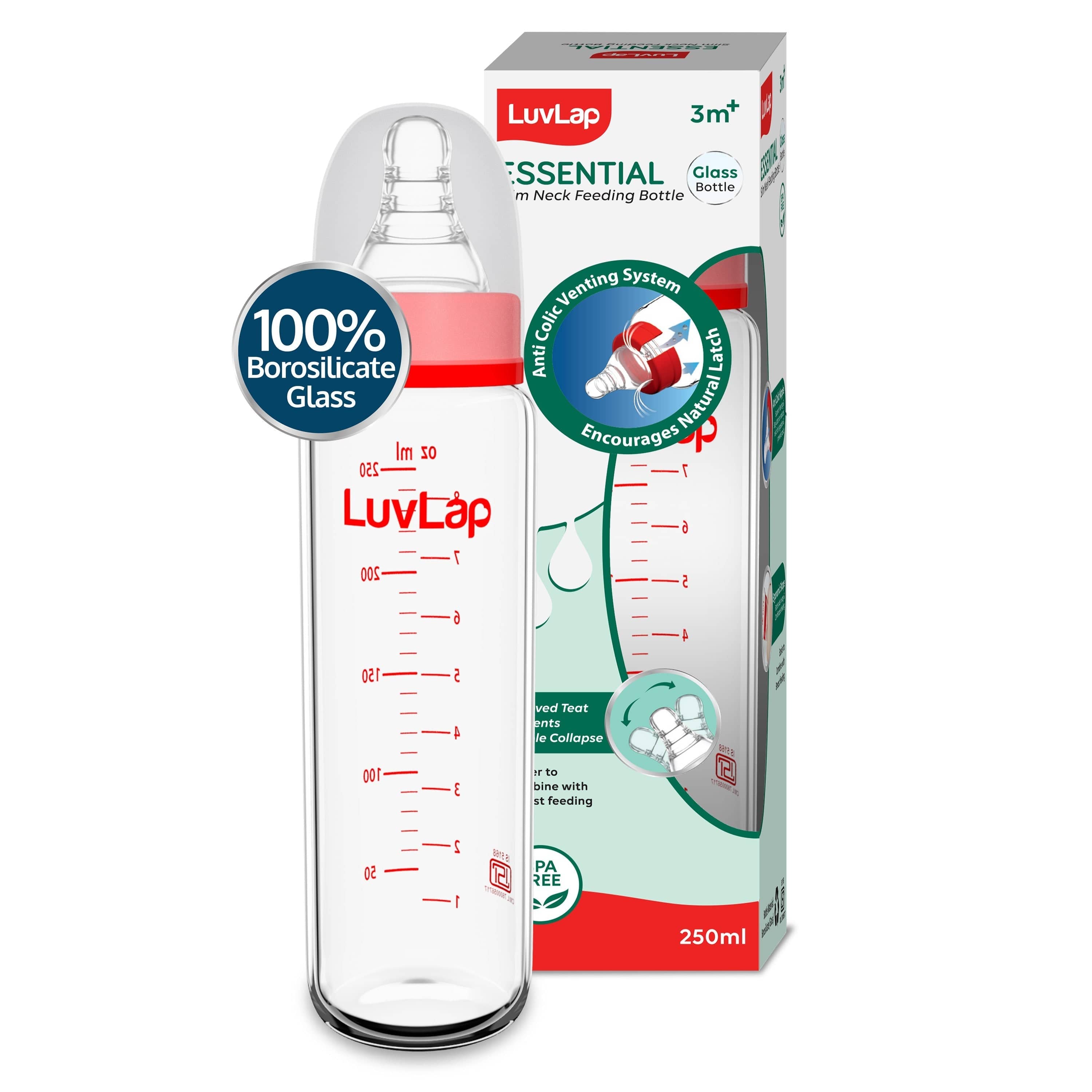 LuvLap Essential Slim Neck Glass Feeding Bottle, New Born/Infants/Toddler Upto 3 Years, 250ml
