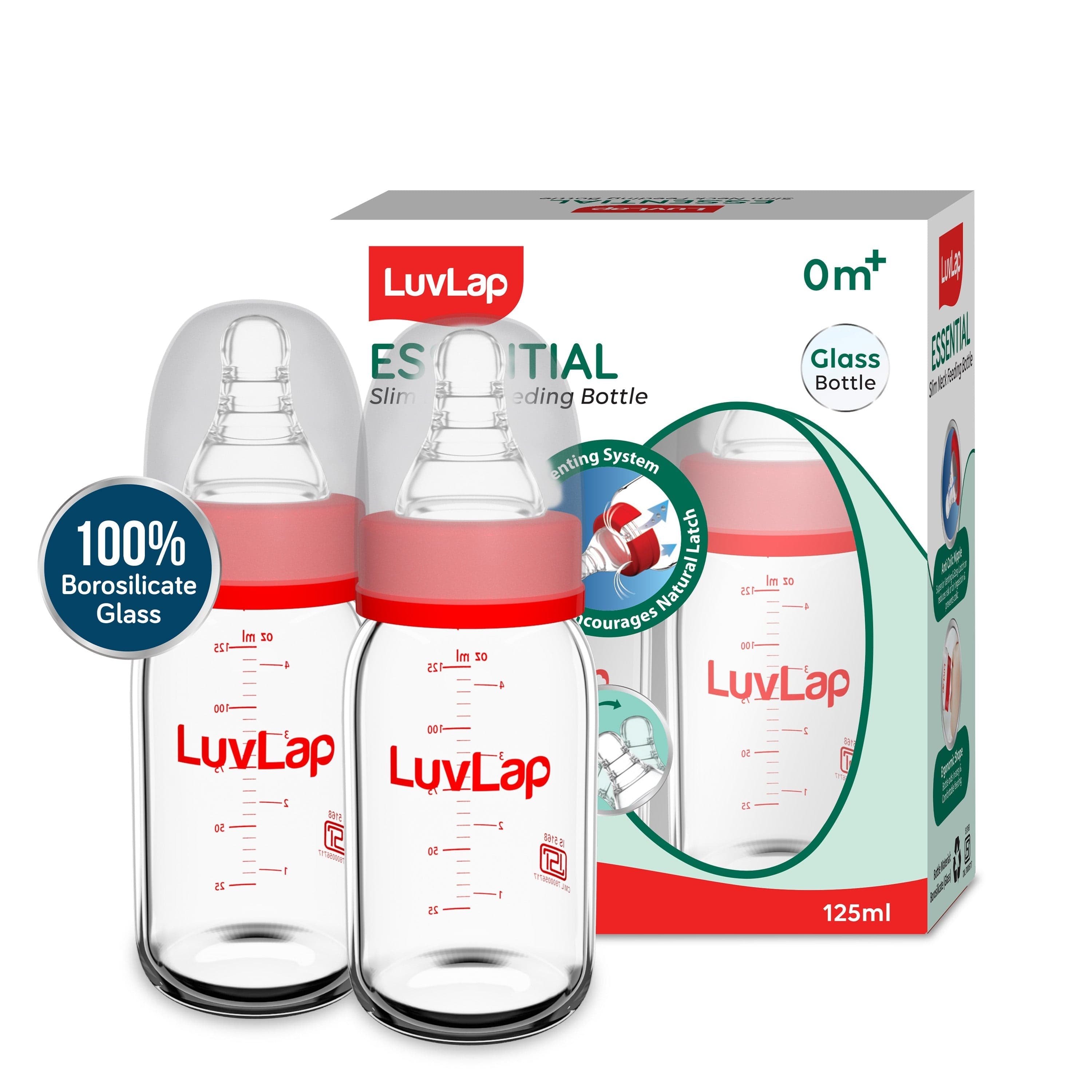 LuvLap Essential Slim Neck Glass Feeding Bottle, Pack of 2