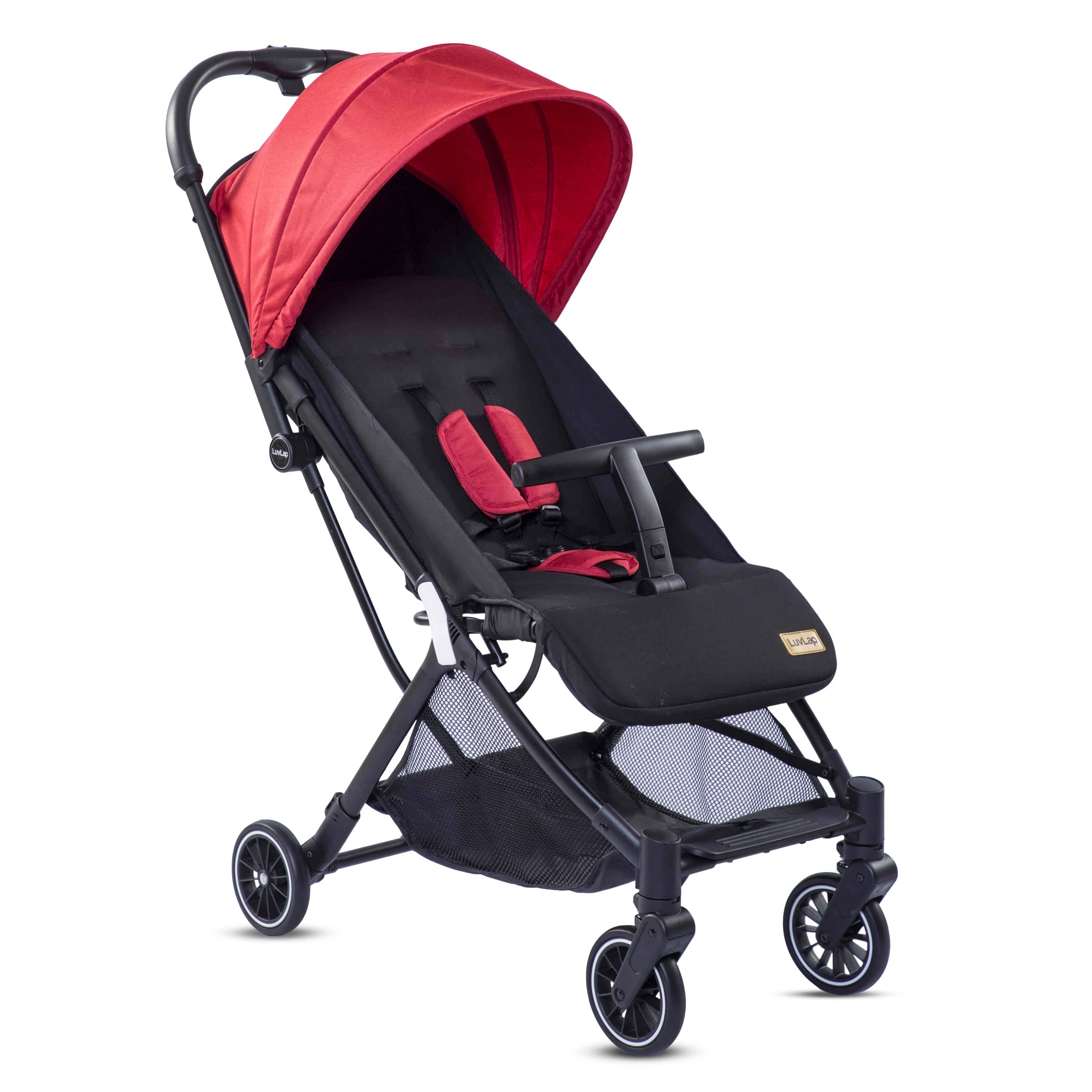 luvlap Urbane Baby Stroller/Pram with 5 Point Safety Harness,Easy Fold,Extended Canopy,Multi Level Recline,Looking Window,Easy Assembly,6 Month + (Red&Black)