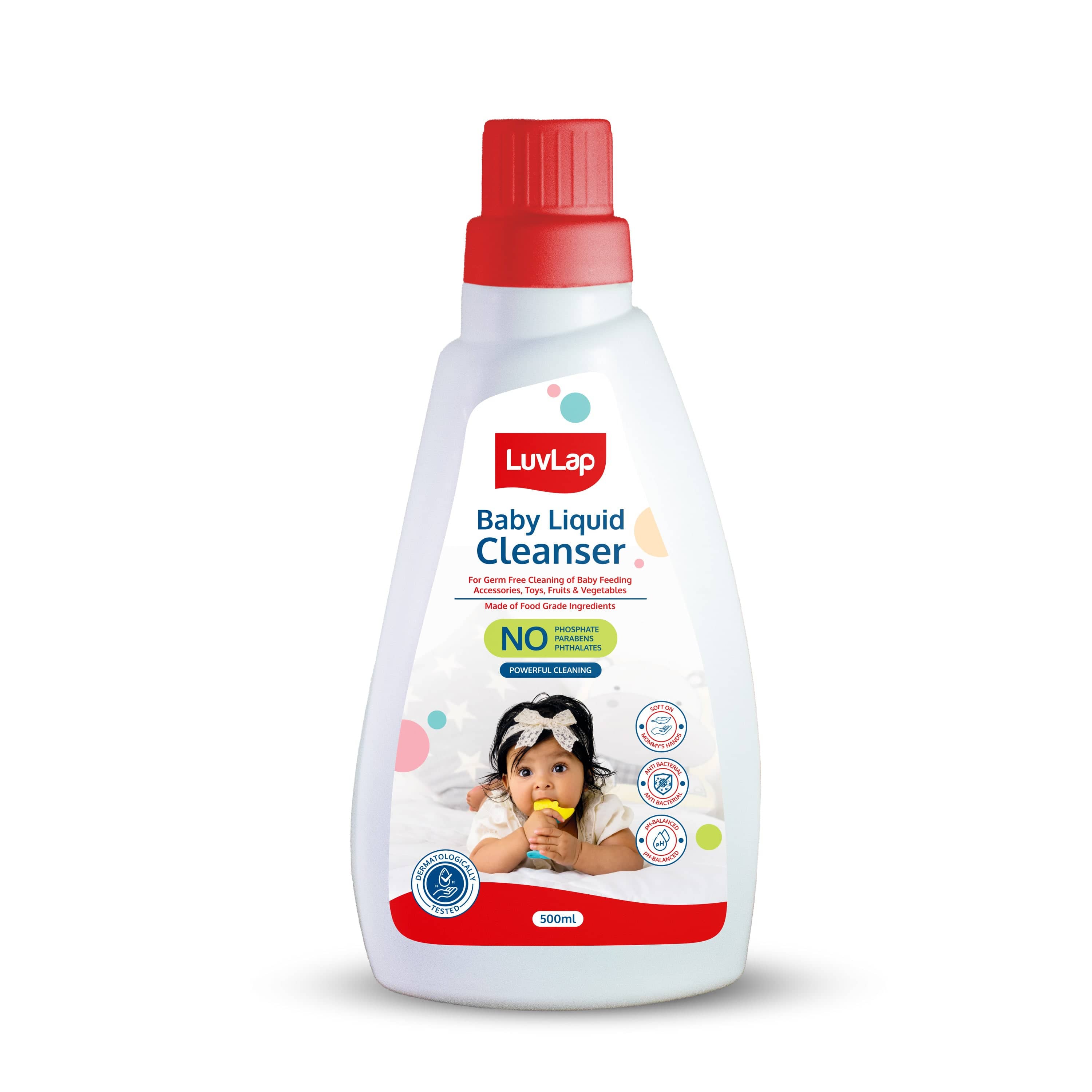 LuvLap Baby Liquid Cleanser 500ml, For cleaning feeding bottle, cutlery, toys, fruits & vegetables, Kills 99.9% Germs, pH Balanced Dermatologically tested formula, No harsh chemicals, Bio-degradable