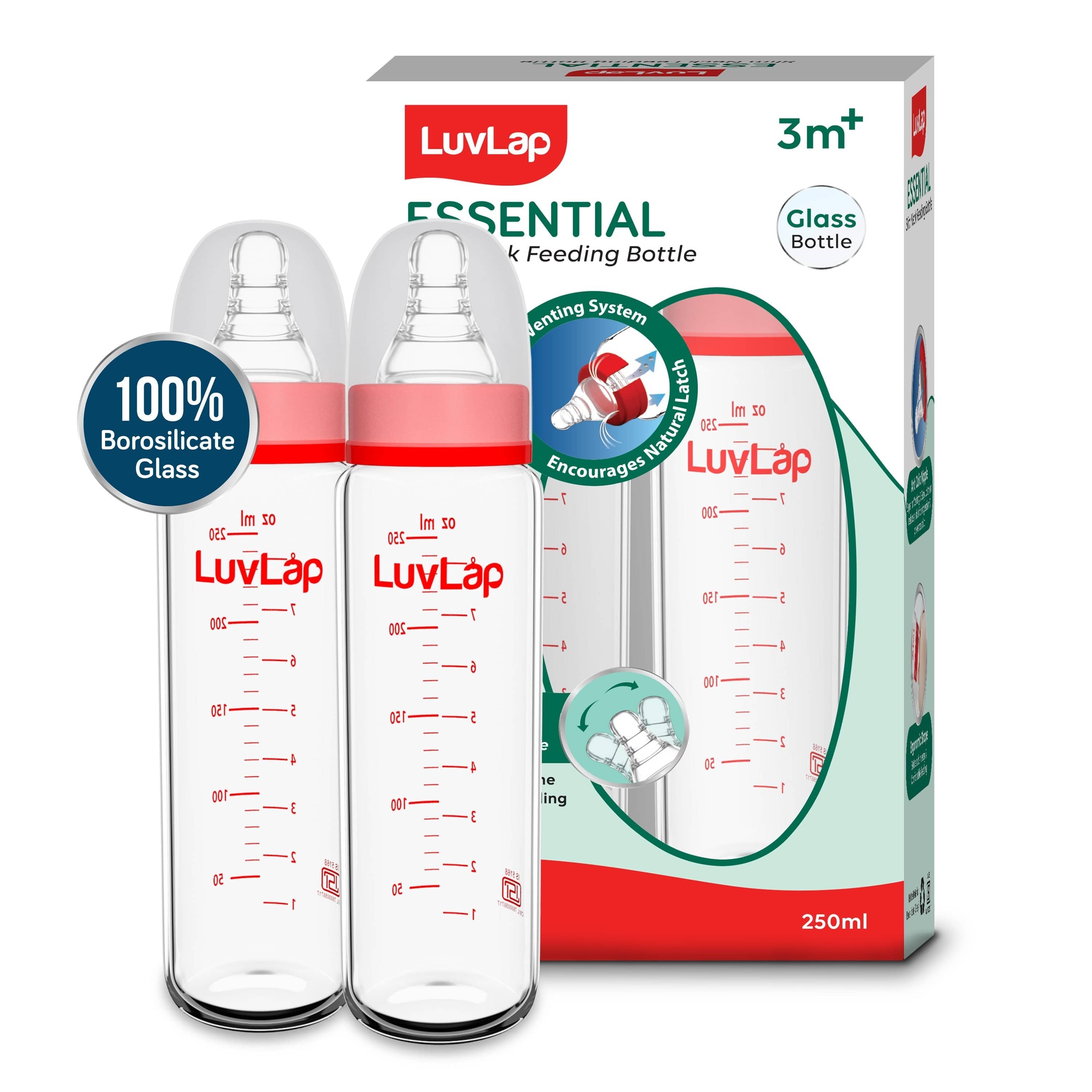 LuvLap Essential Slim Neck Glass Feeding Bottle, Pack of 2, 250ml