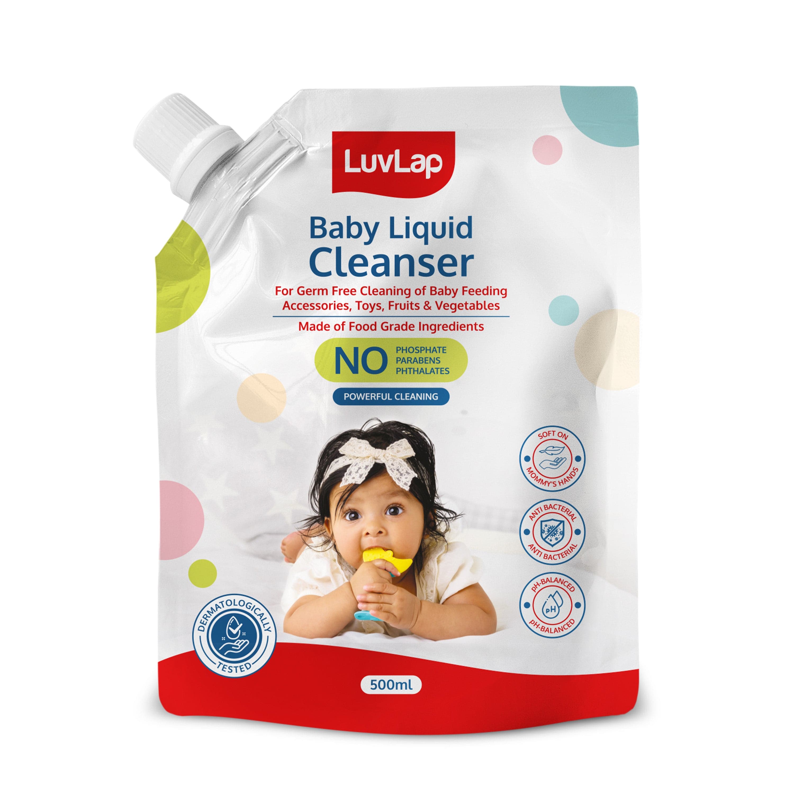 LuvLap Baby Liquid Cleanser Refill pack- 500ml, For cleaning feeding bottle, cutlery, toys, fruits & vegetables, Kills 99.9% Germs, pH Balanced Dermatologically tested formula, No harsh chemicals