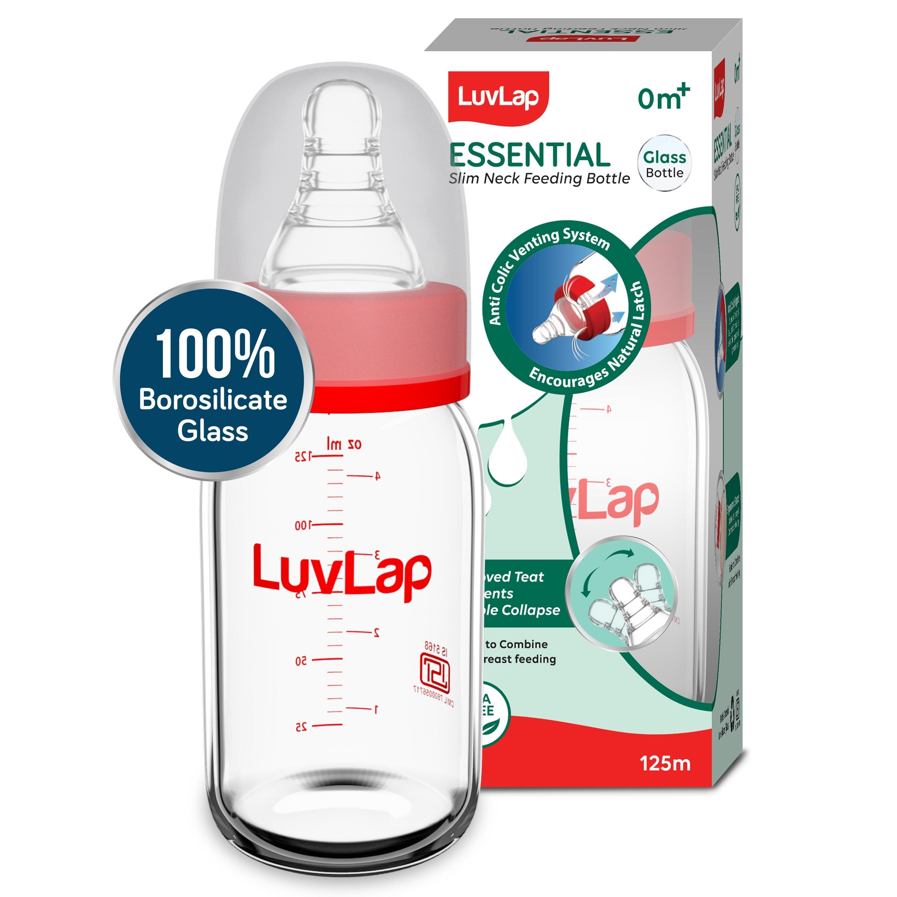 LuvLap Essential Slim Neck Glass Feeding Bottle, New Born/Infants/Toddler Upto 3 Years, 125ml