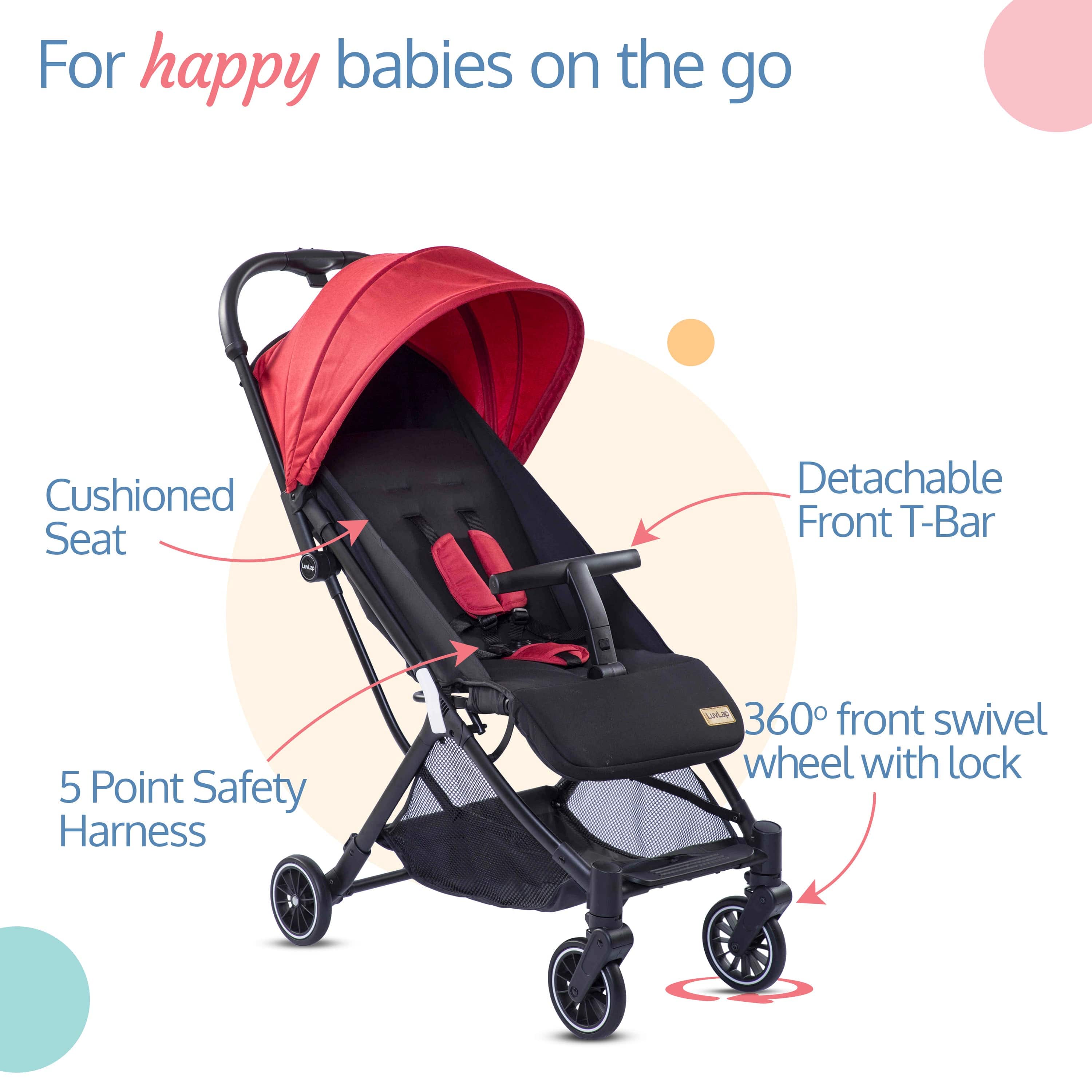 luvlap Urbane Baby Stroller/Pram with 5 Point Safety Harness,Easy Fold,Extended Canopy,Multi Level Recline,Looking Window,Easy Assembly,6 Month + (Red&Black)