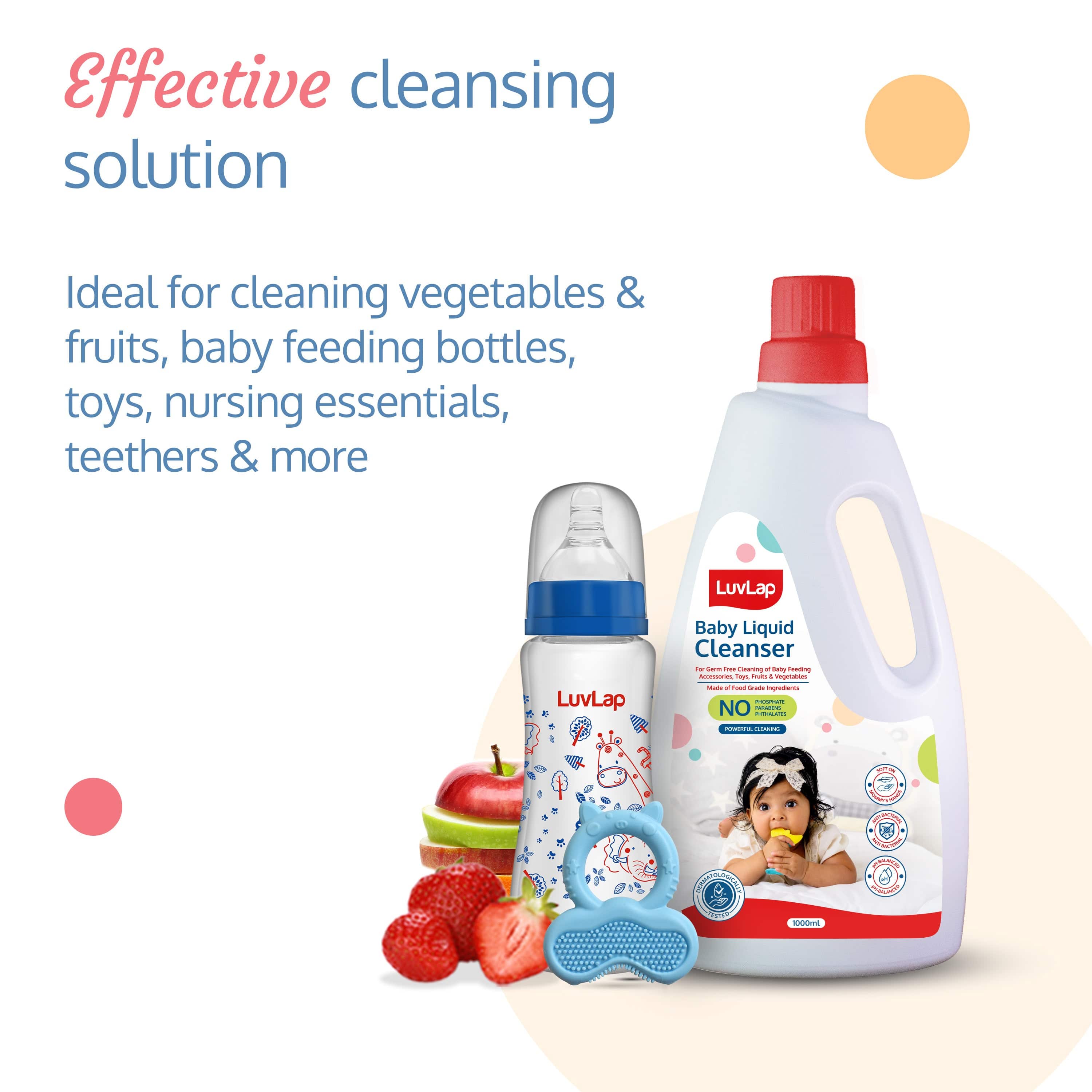 LuvLap Baby Liquid Cleanser 1000ml, For cleaning feeding bottle, cutlery, toys, fruits & vegetables, Kills 99.9% Germs, pH Balanced Dermatologically tested formula, No harsh chemicals, Bio-degradable