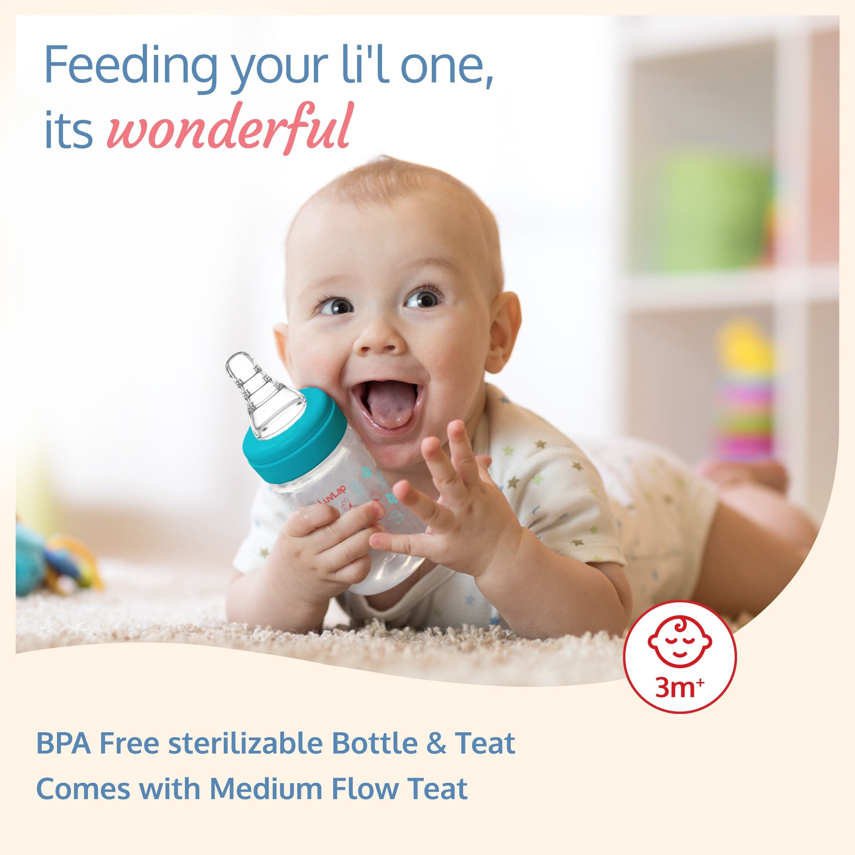 LuvLap Anti-Colic Slim Neck Essential Baby Feeding Bottle, 125ml, Wild Flower