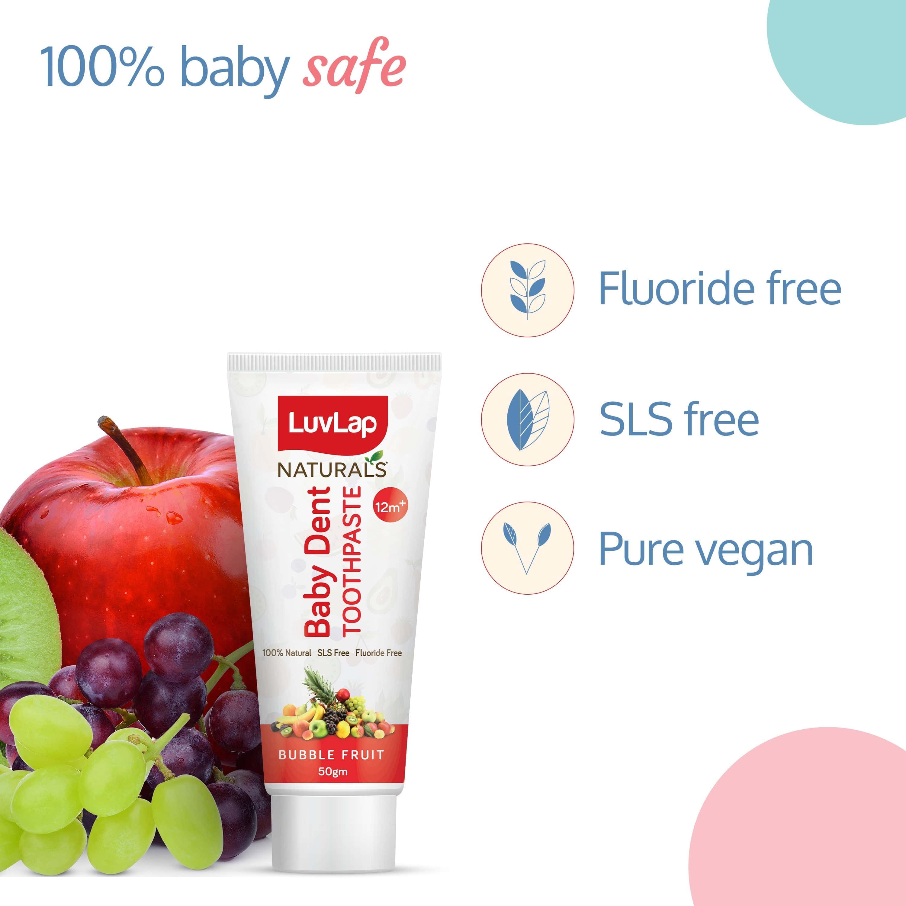 LuvLap Naturals Baby Dent 100% Natural Toothpaste for Kids, Bubble Fruit Flavour, 50g
