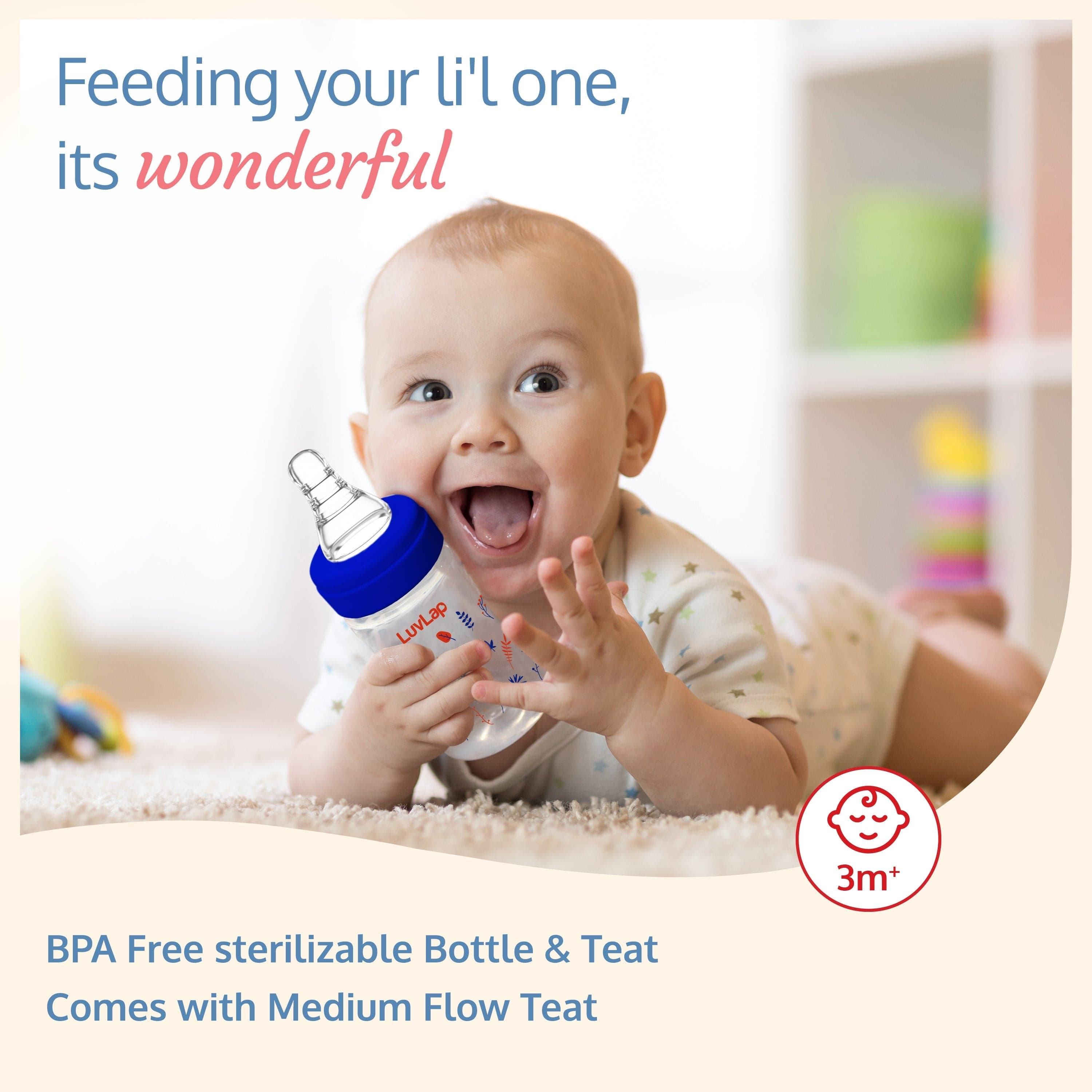 LuvLap Anti-Colic Wide Neck Natura Flo Baby Feeding Bottle, 250ml