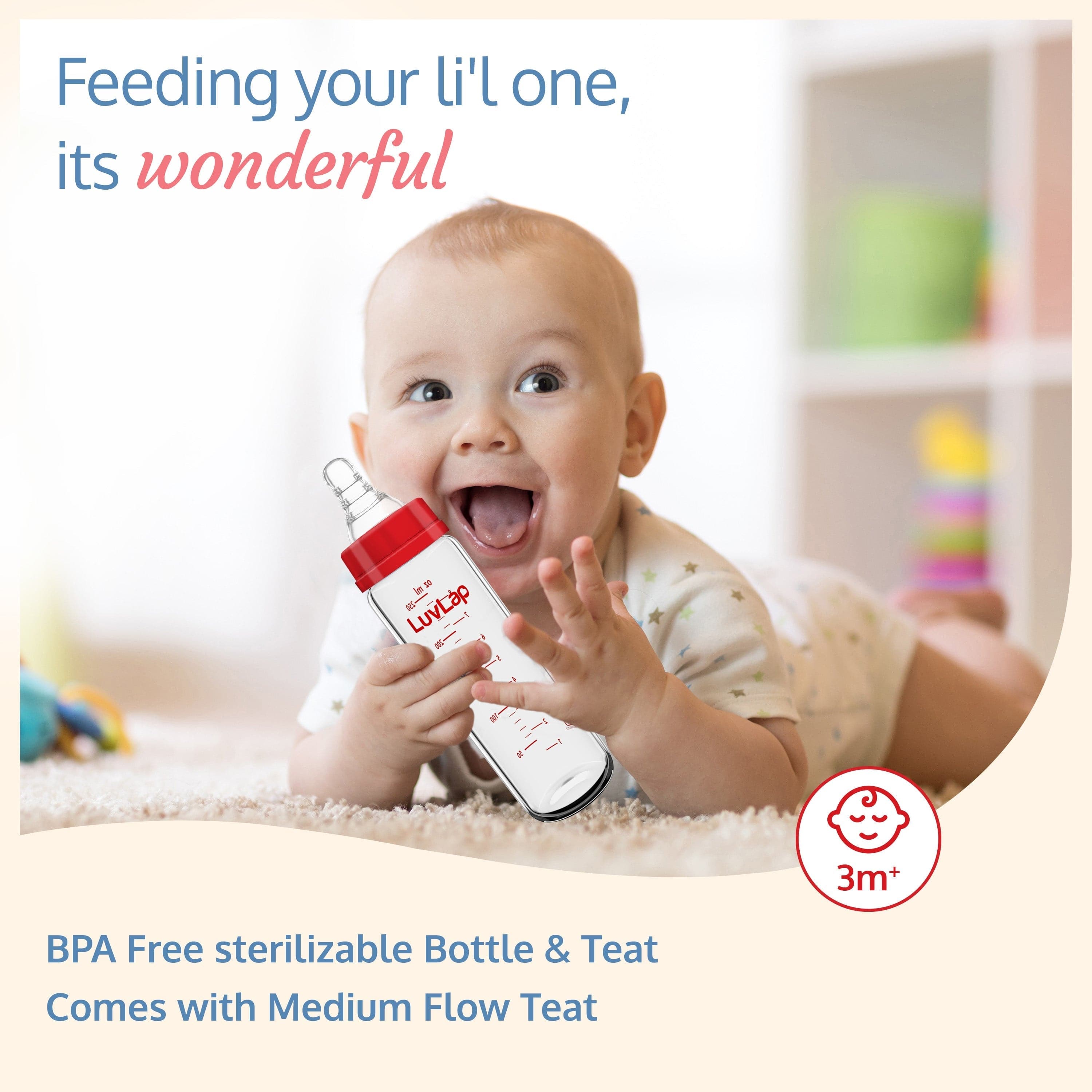 LuvLap Essential Slim Neck Glass Feeding Bottle, New Born/Infants/Toddler Upto 3 Years, 250ml