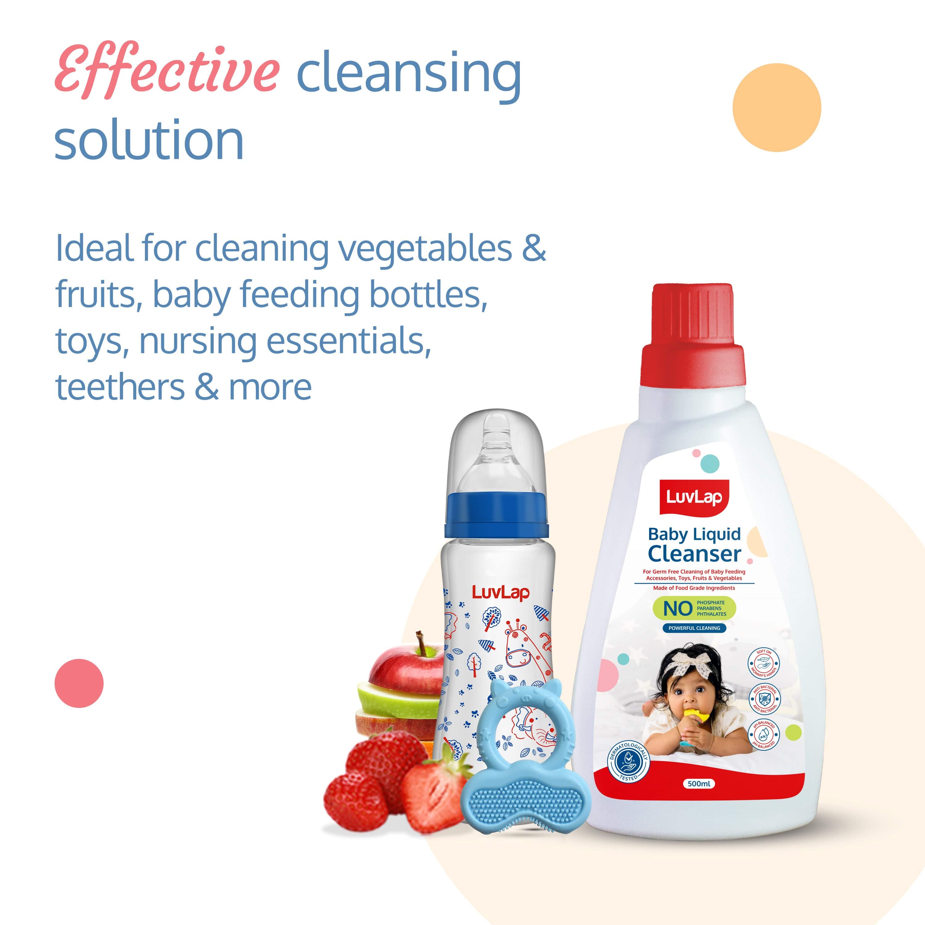 LuvLap Baby Liquid Cleanser 500ml, For cleaning feeding bottle, cutlery, toys, fruits & vegetables, Kills 99.9% Germs, pH Balanced Dermatologically tested formula, No harsh chemicals, Bio-degradable