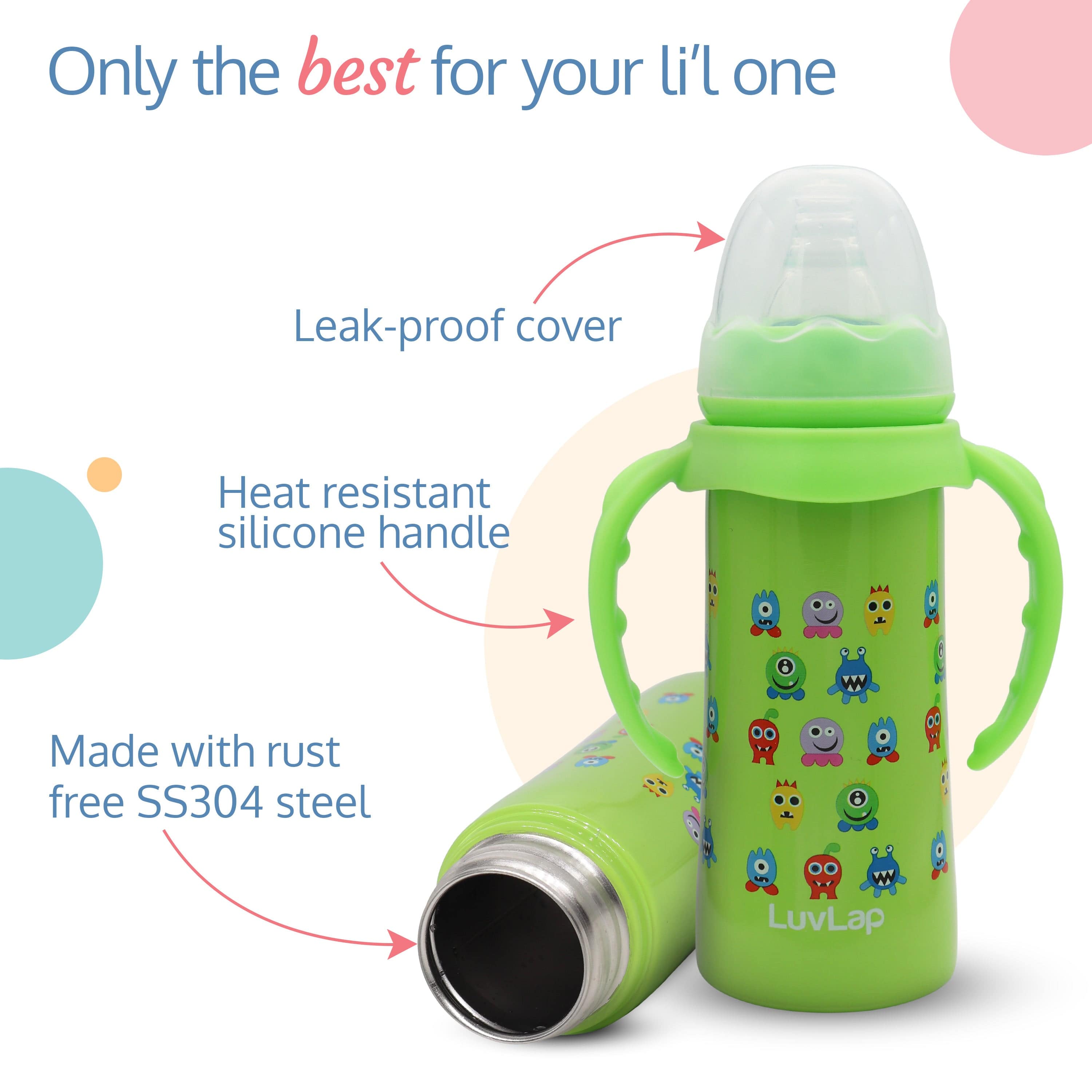 LuvLap 4 in 1 Slim Neck Steel Baby bottle cum Sipper, Green, 240 ml