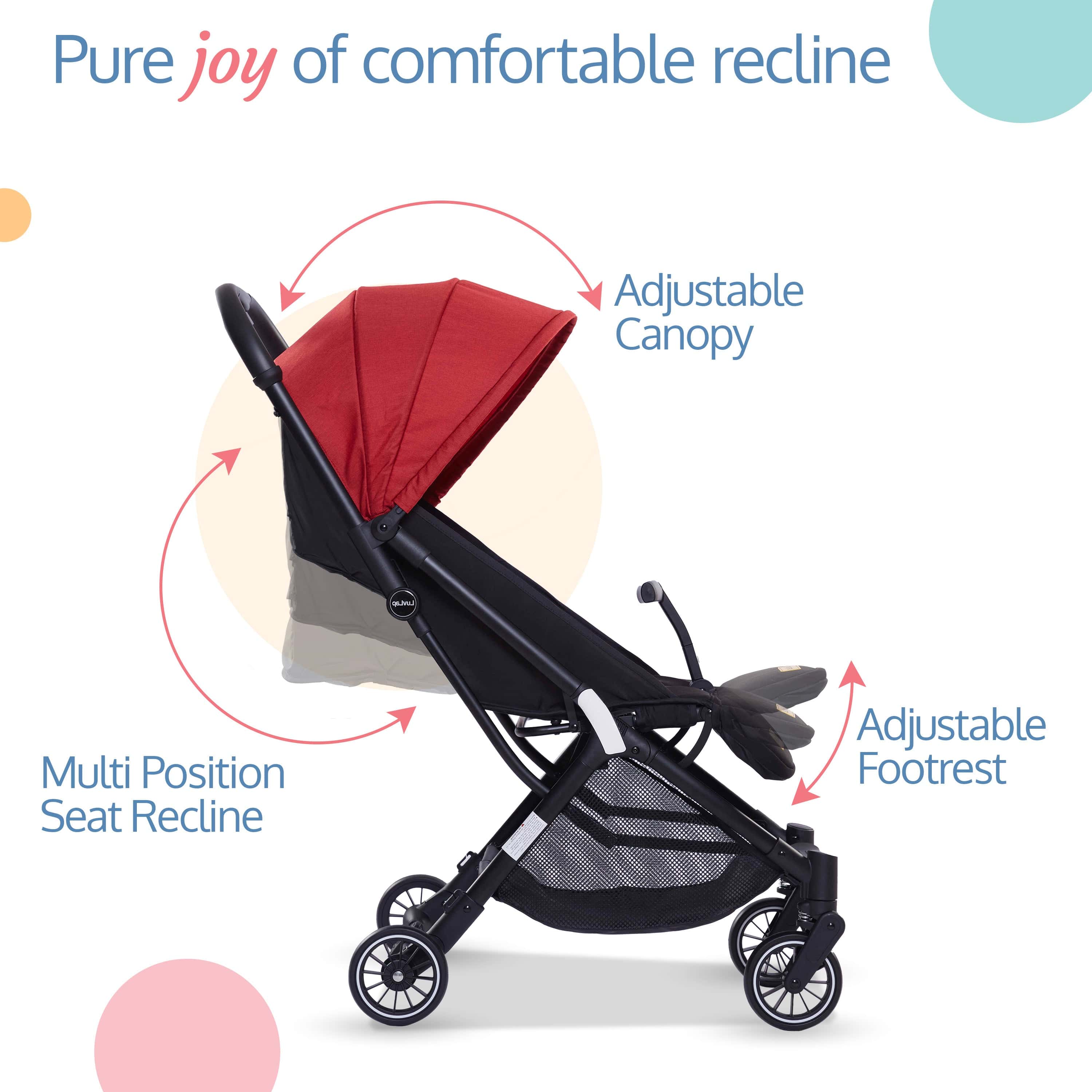luvlap Urbane Baby Stroller/Pram with 5 Point Safety Harness,Easy Fold,Extended Canopy,Multi Level Recline,Looking Window,Easy Assembly,6 Month + (Red&Black)