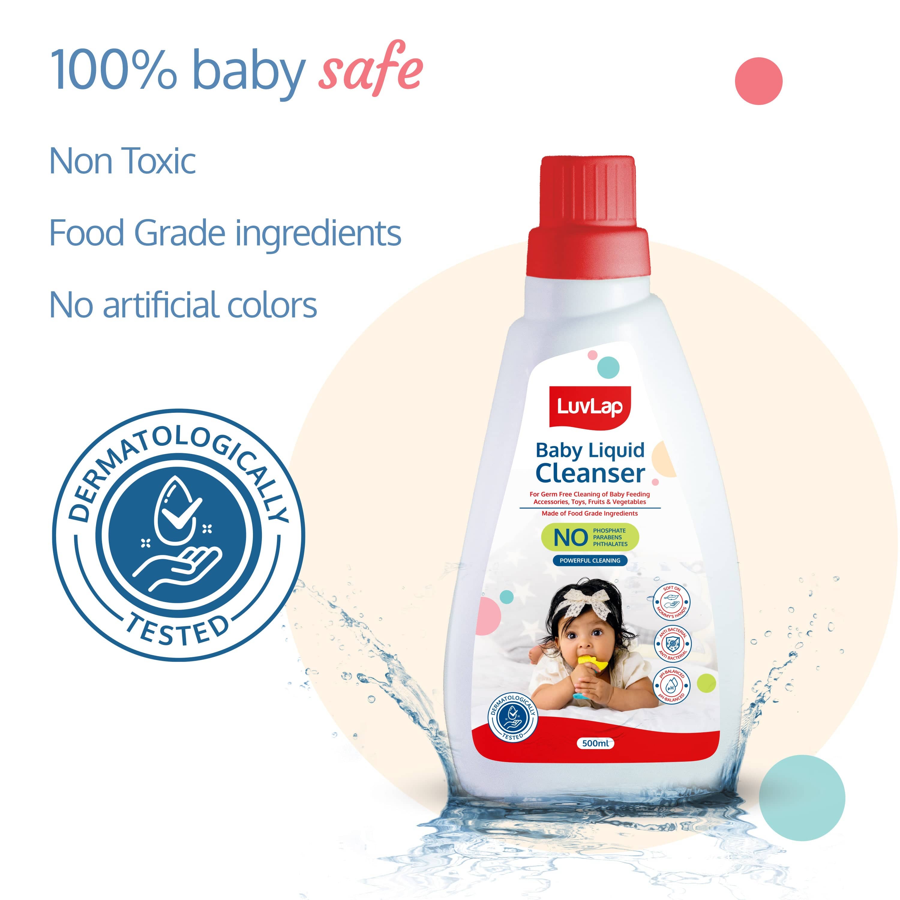 LuvLap Baby Liquid Cleanser 500ml, For cleaning feeding bottle, cutlery, toys, fruits & vegetables, Kills 99.9% Germs, pH Balanced Dermatologically tested formula, No harsh chemicals, Bio-degradable