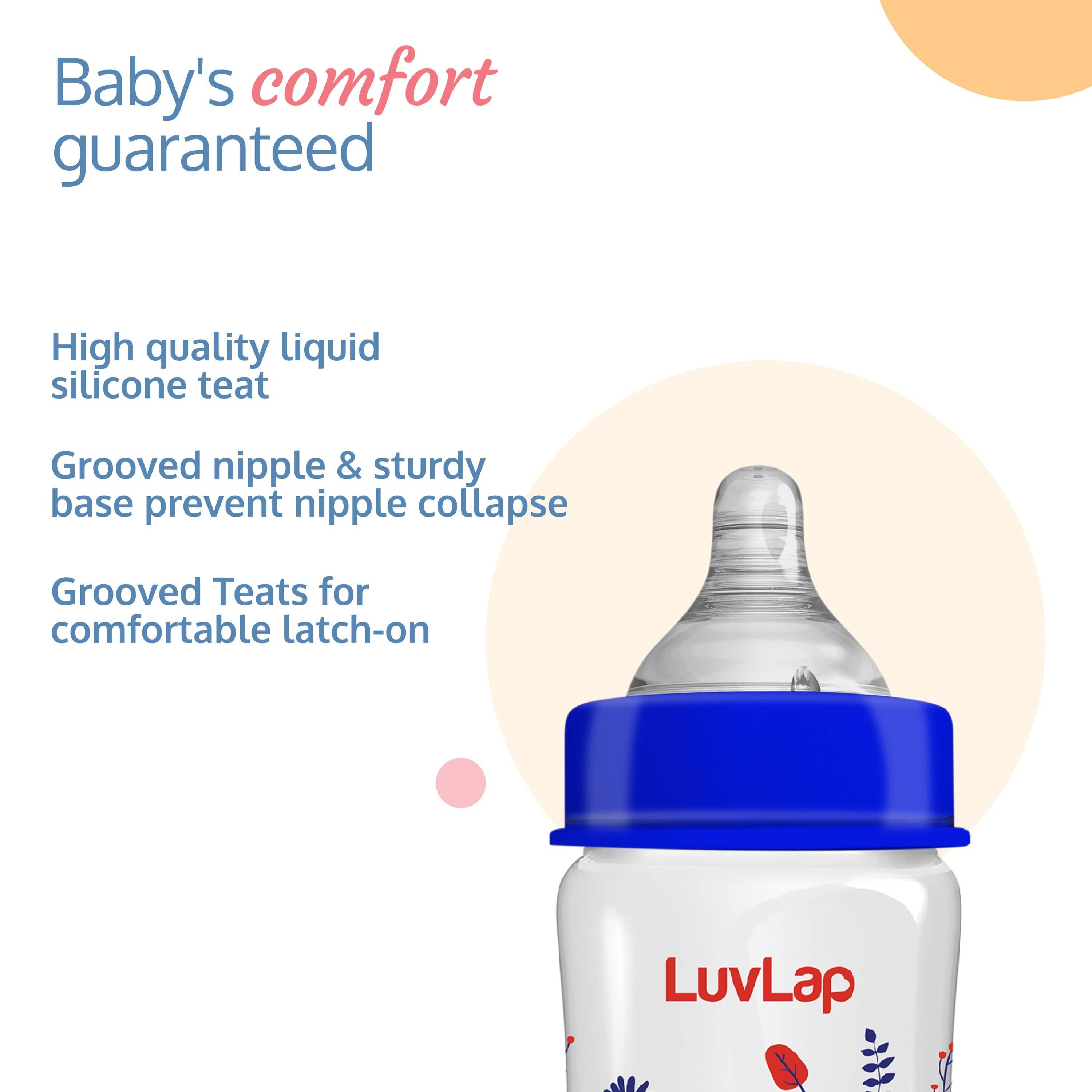 LuvLap Anti-Colic Wide Neck Natura Flo Baby Feeding Bottle, 250ml (Pack of 2)