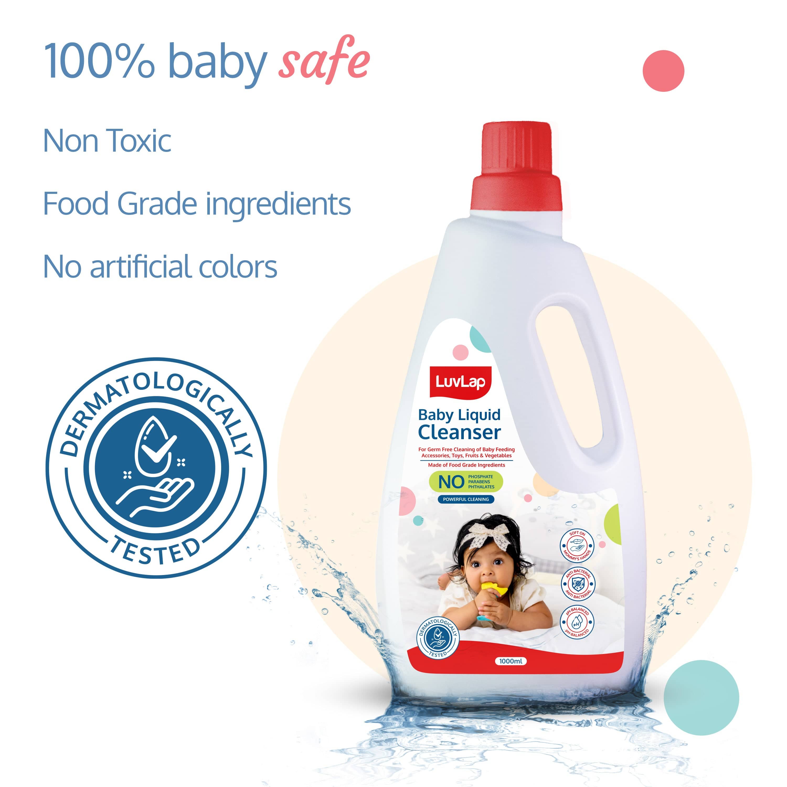 LuvLap Baby Liquid Cleanser 1000ml, For cleaning feeding bottle, cutlery, toys, fruits & vegetables, Kills 99.9% Germs, pH Balanced Dermatologically tested formula, No harsh chemicals, Bio-degradable