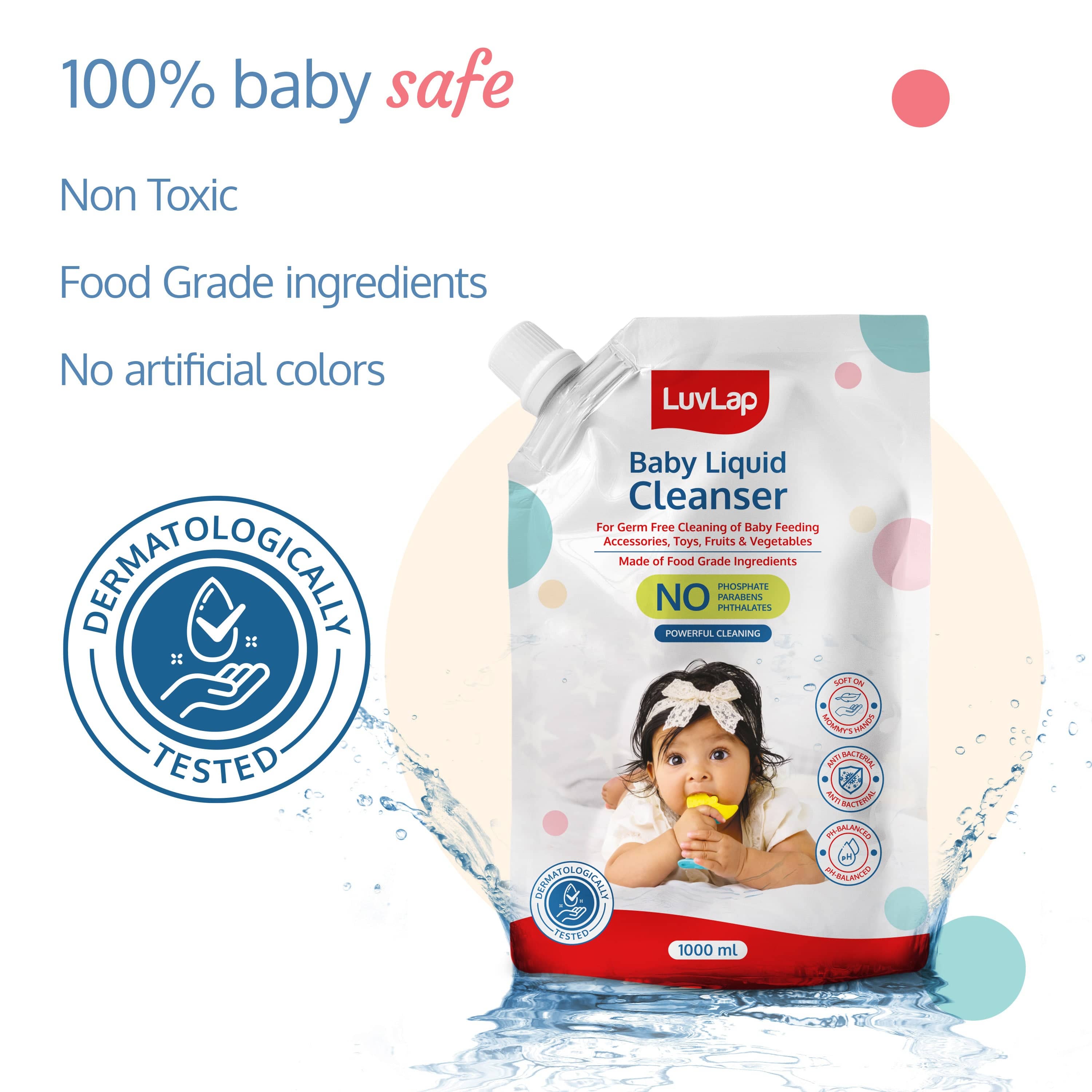 LuvLap Baby Liquid Cleanser Refill pack- 1000ml, For cleaning feeding bottle, cutlery, toys, fruits & vegetables, Kills 99.9% Germs, pH Balanced Dermatologically tested formula, No harsh chemicals