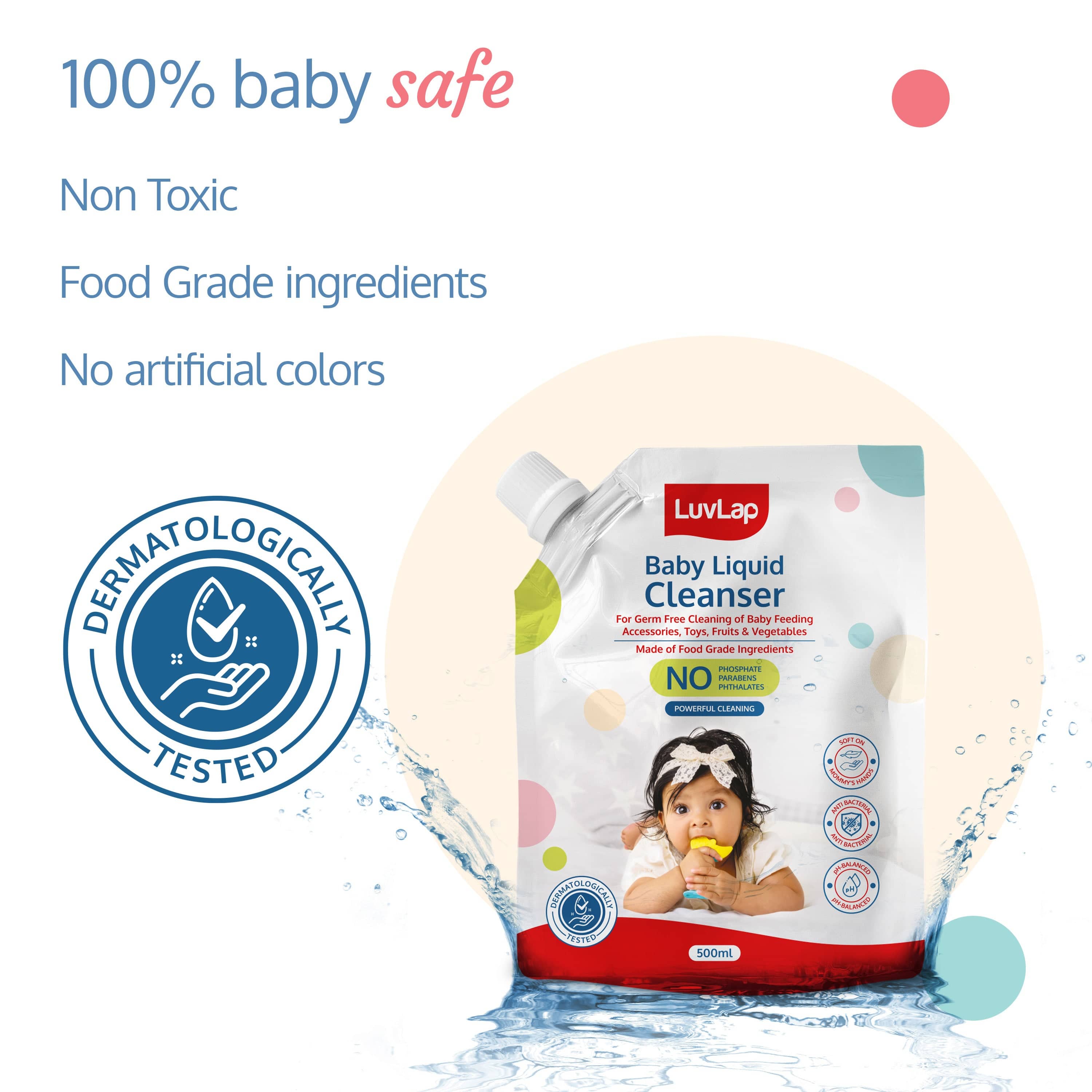LuvLap Baby Liquid Cleanser Refill pack- 500ml, For cleaning feeding bottle, cutlery, toys, fruits & vegetables, Kills 99.9% Germs, pH Balanced Dermatologically tested formula, No harsh chemicals