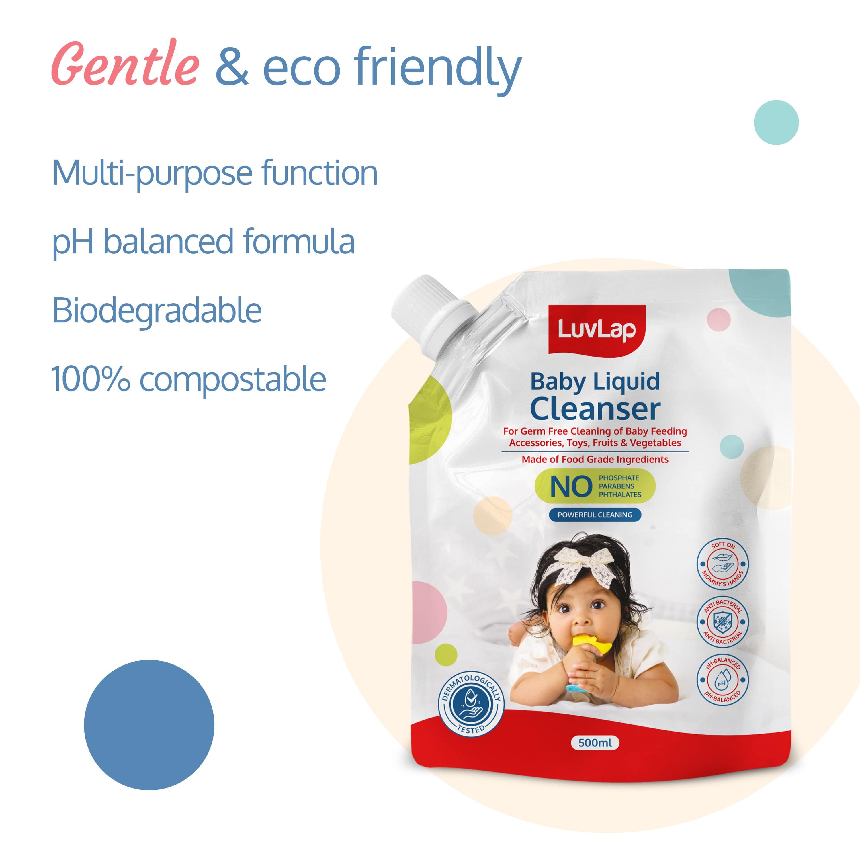 LuvLap Baby Liquid Cleanser Refill pack- 500ml, For cleaning feeding bottle, cutlery, toys, fruits & vegetables, Kills 99.9% Germs, pH Balanced Dermatologically tested formula, No harsh chemicals