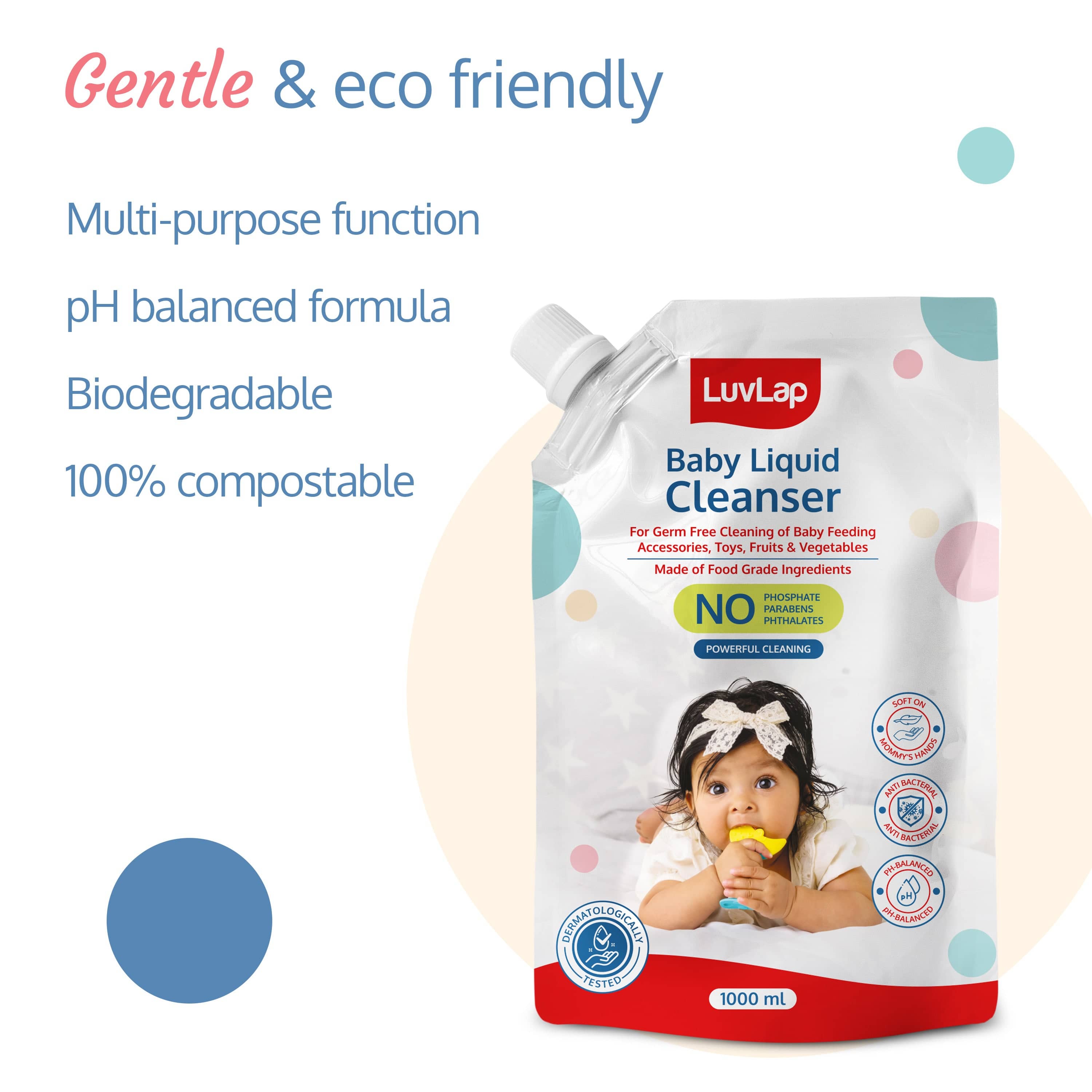 LuvLap Baby Liquid Cleanser Refill pack- 1000ml, For cleaning feeding bottle, cutlery, toys, fruits & vegetables, Kills 99.9% Germs, pH Balanced Dermatologically tested formula, No harsh chemicals