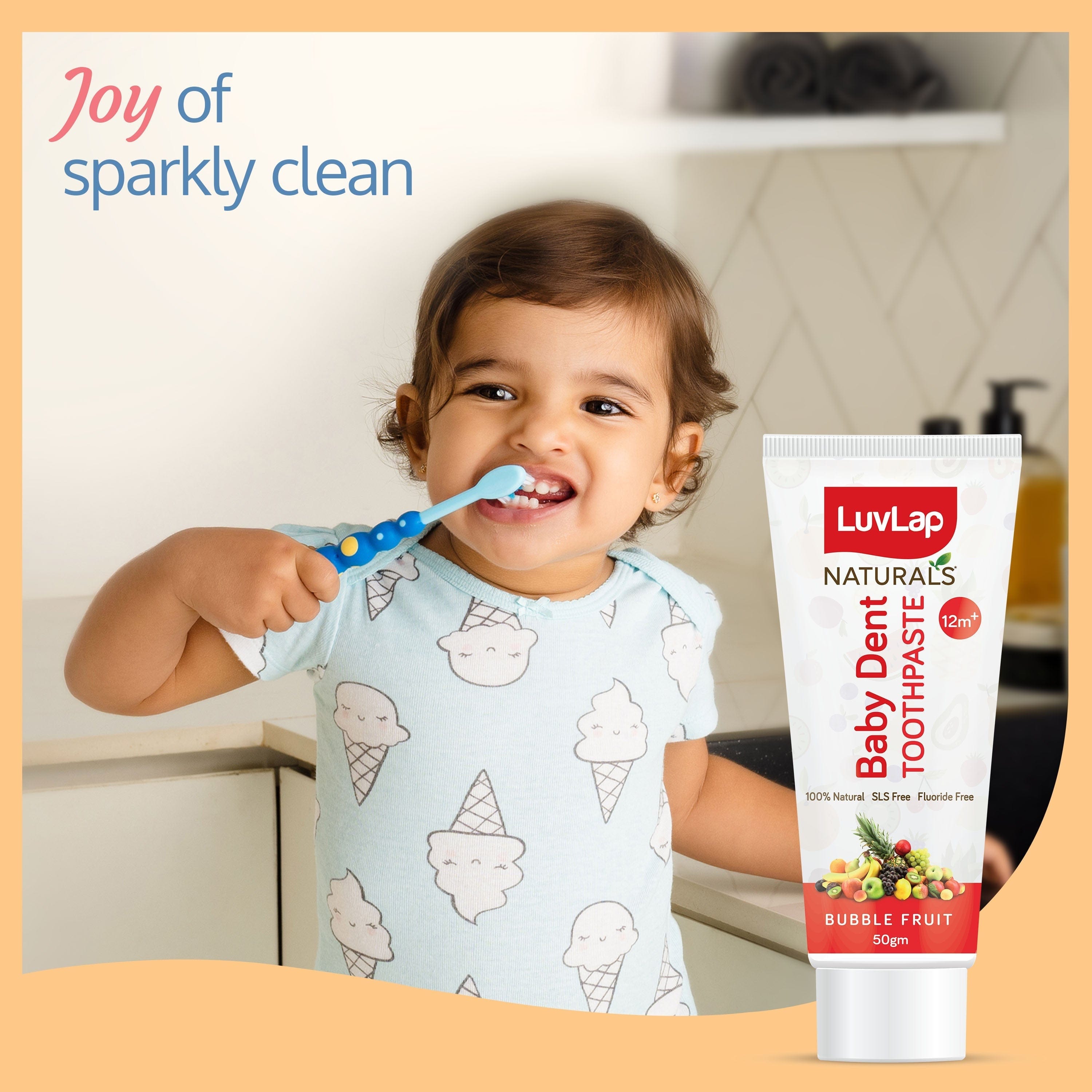 LuvLap Naturals Baby Dent 100% Natural Toothpaste for Kids, Bubble Fruit Flavour, 50g