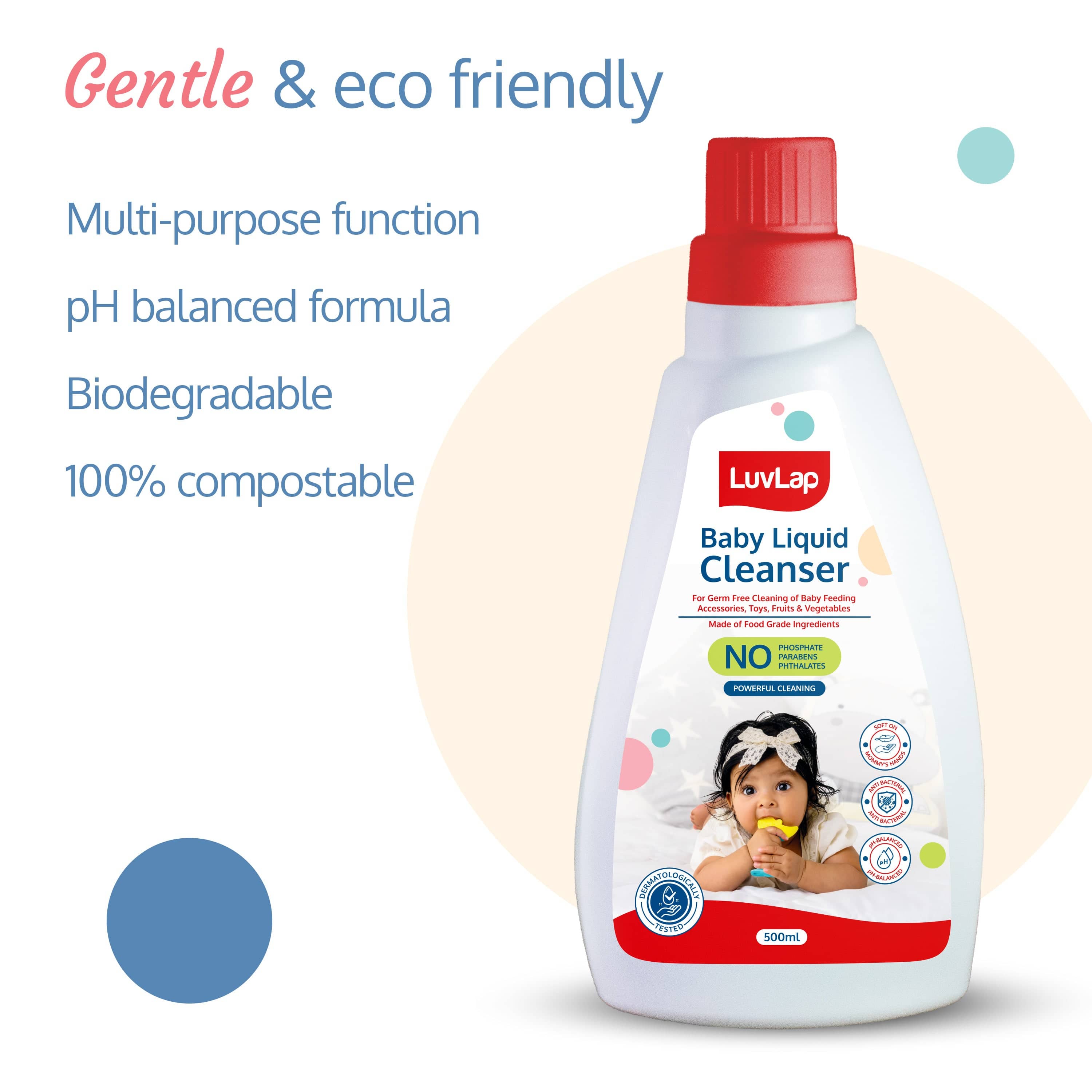 LuvLap Baby Liquid Cleanser 500ml, For cleaning feeding bottle, cutlery, toys, fruits & vegetables, Kills 99.9% Germs, pH Balanced Dermatologically tested formula, No harsh chemicals, Bio-degradable
