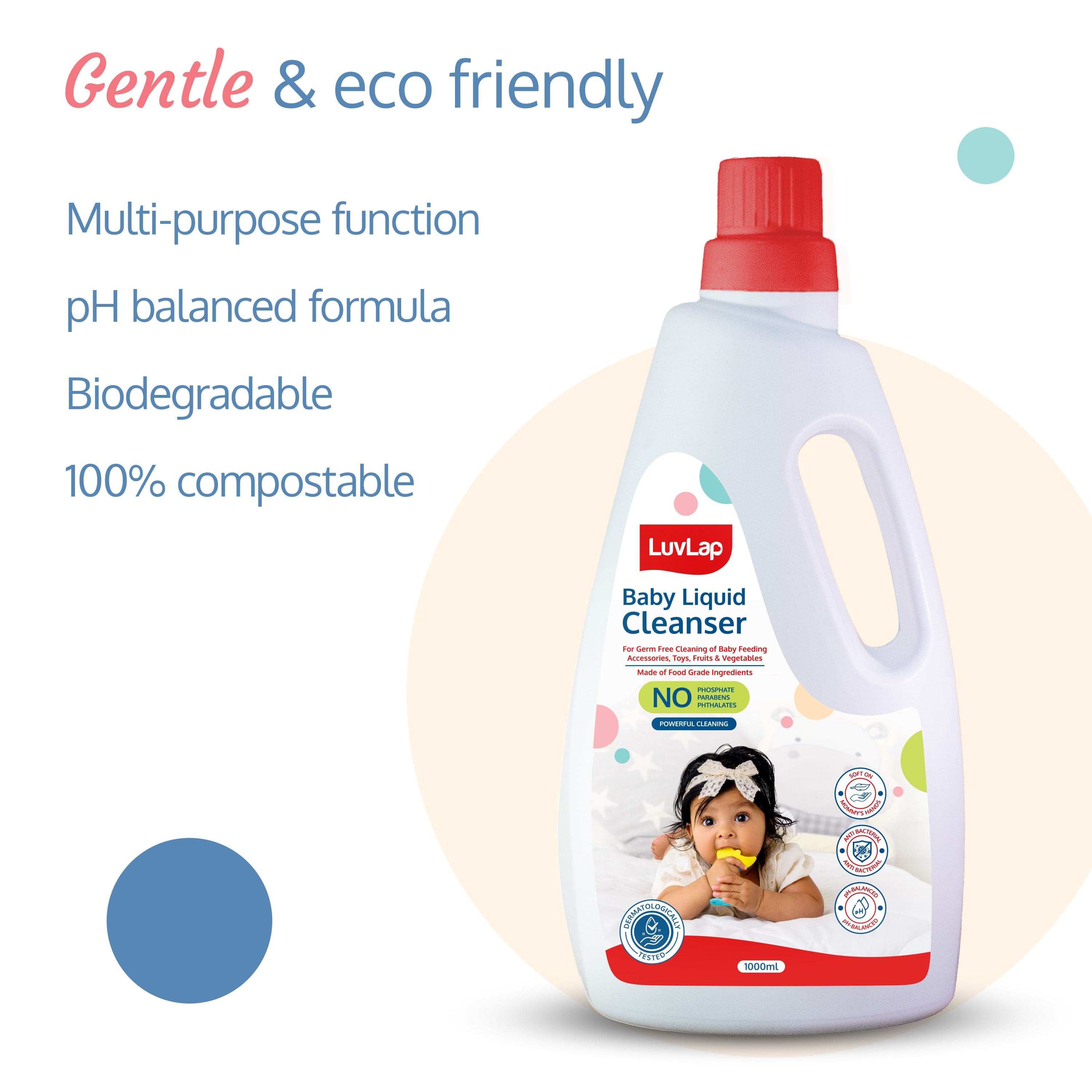 LuvLap Baby Liquid Cleanser 1000ml, For cleaning feeding bottle, cutlery, toys, fruits & vegetables, Kills 99.9% Germs, pH Balanced Dermatologically tested formula, No harsh chemicals, Bio-degradable