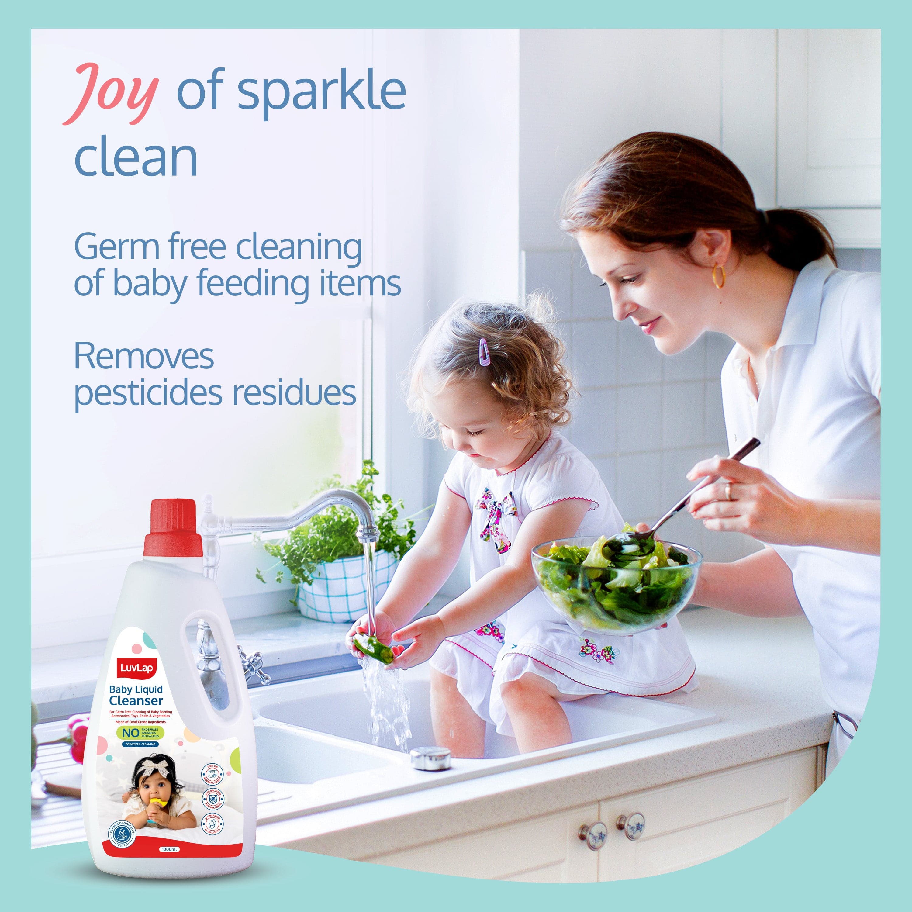 LuvLap Baby Liquid Cleanser 1000ml, For cleaning feeding bottle, cutlery, toys, fruits & vegetables, Kills 99.9% Germs, pH Balanced Dermatologically tested formula, No harsh chemicals, Bio-degradable