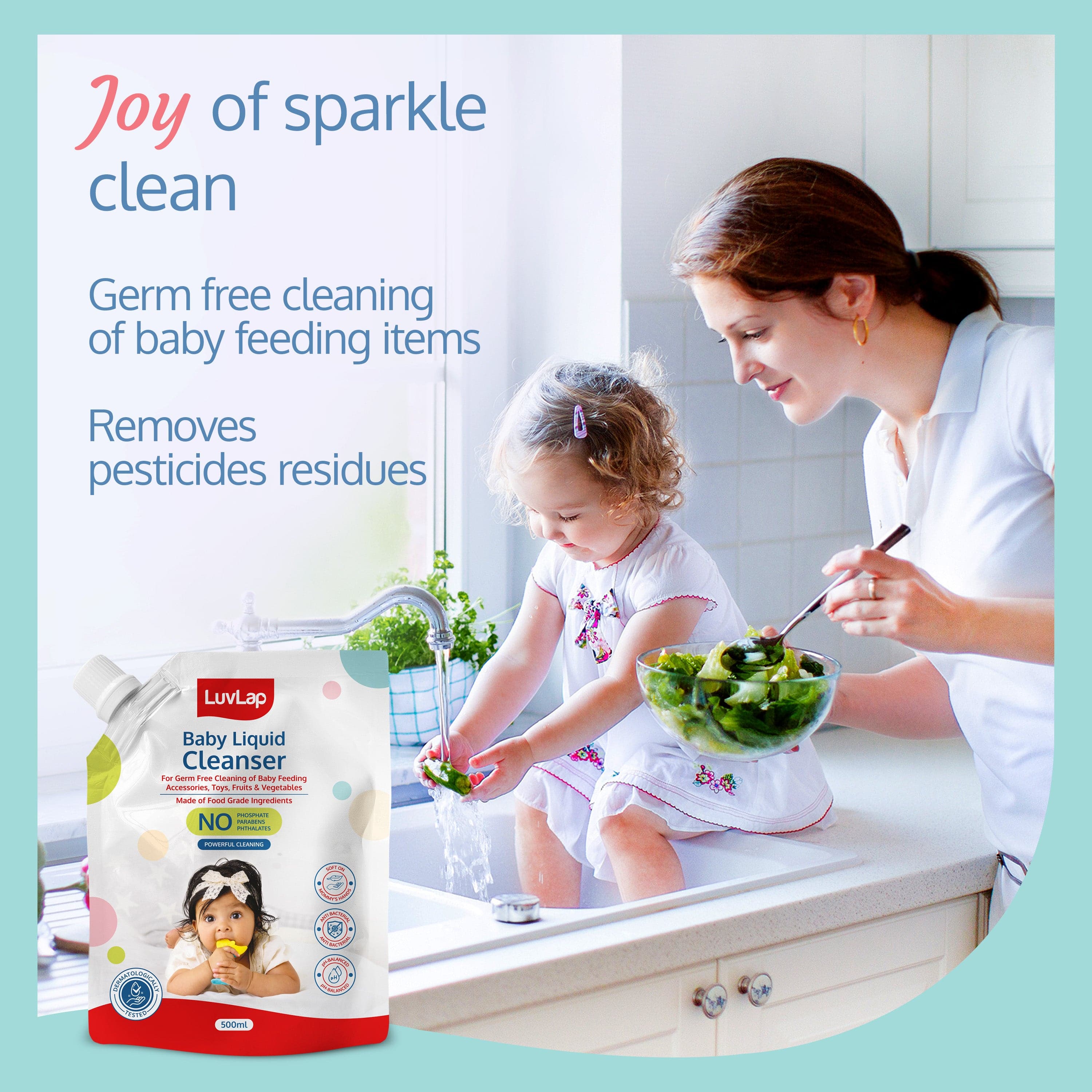 LuvLap Baby Liquid Cleanser Refill pack- 500ml, For cleaning feeding bottle, cutlery, toys, fruits & vegetables, Kills 99.9% Germs, pH Balanced Dermatologically tested formula, No harsh chemicals
