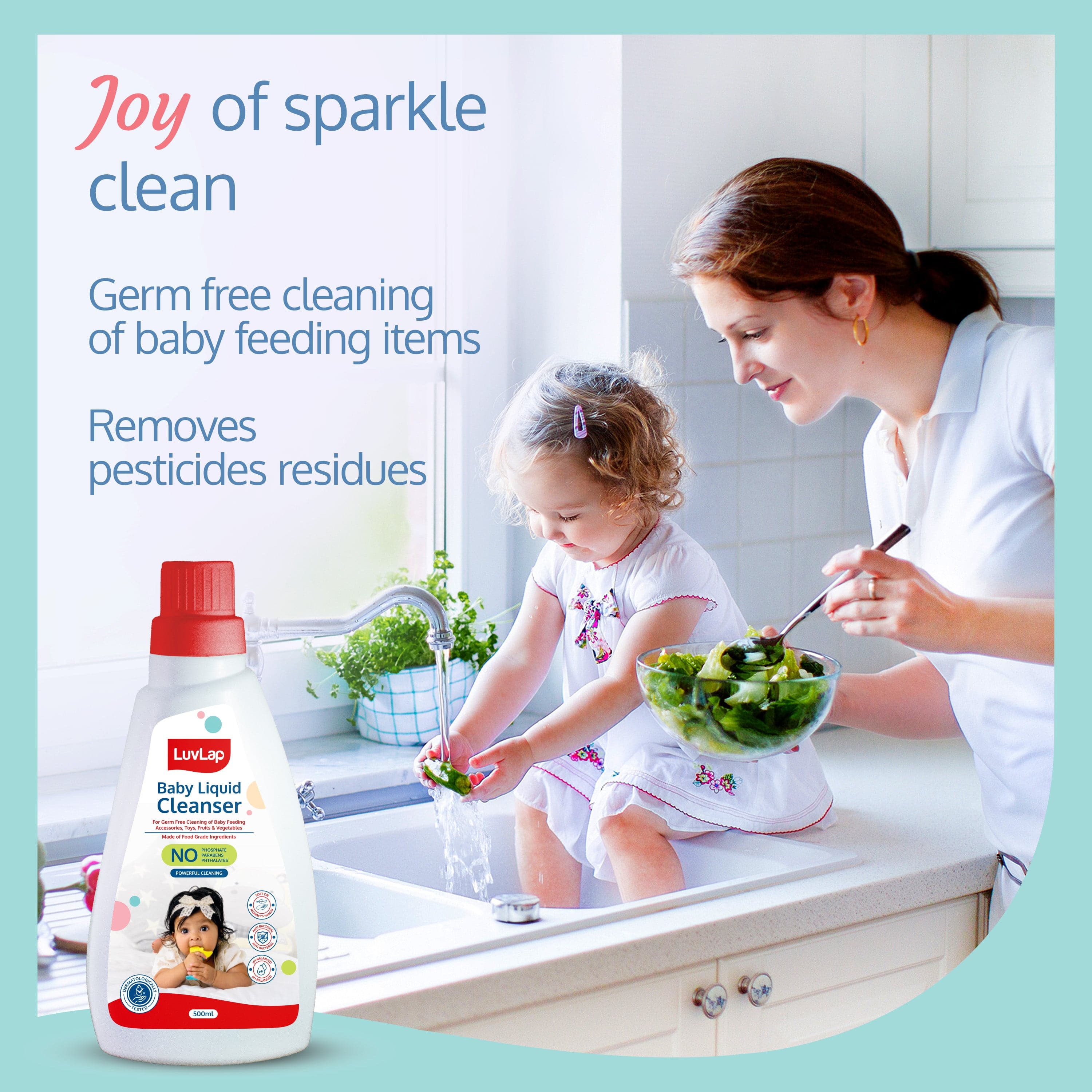 LuvLap Baby Liquid Cleanser 500ml, For cleaning feeding bottle, cutlery, toys, fruits & vegetables, Kills 99.9% Germs, pH Balanced Dermatologically tested formula, No harsh chemicals, Bio-degradable