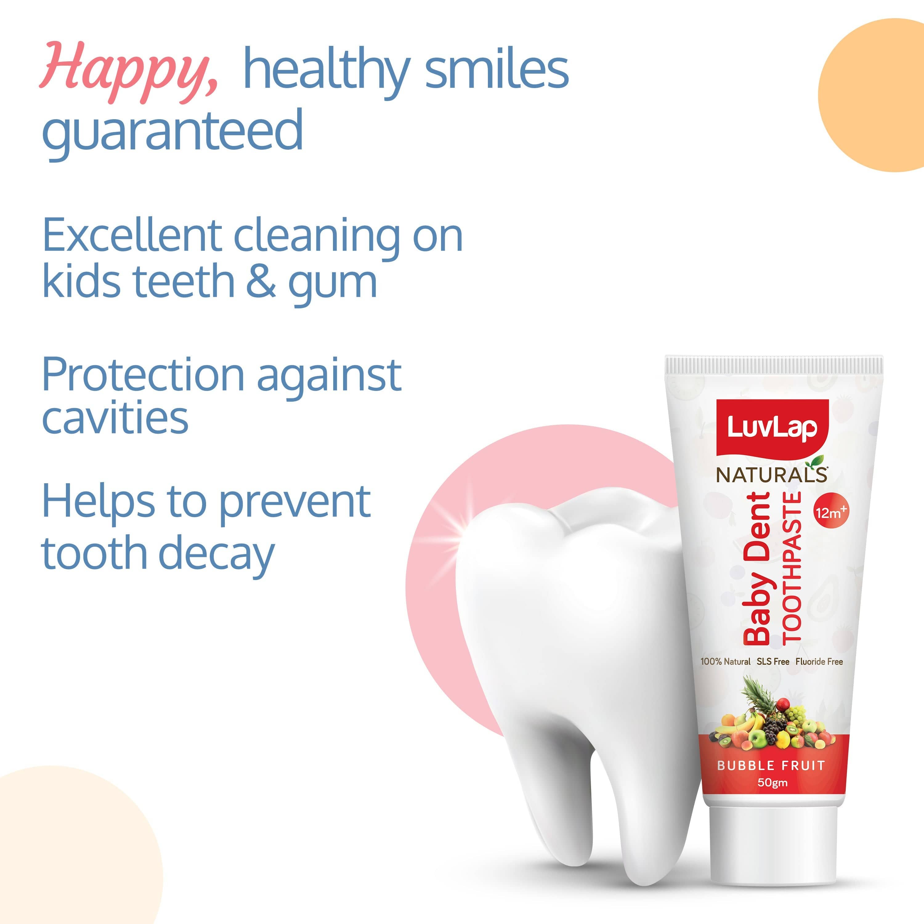 LuvLap Naturals Baby Dent 100% Natural Toothpaste for Kids, Bubble Fruit Flavour, 50g