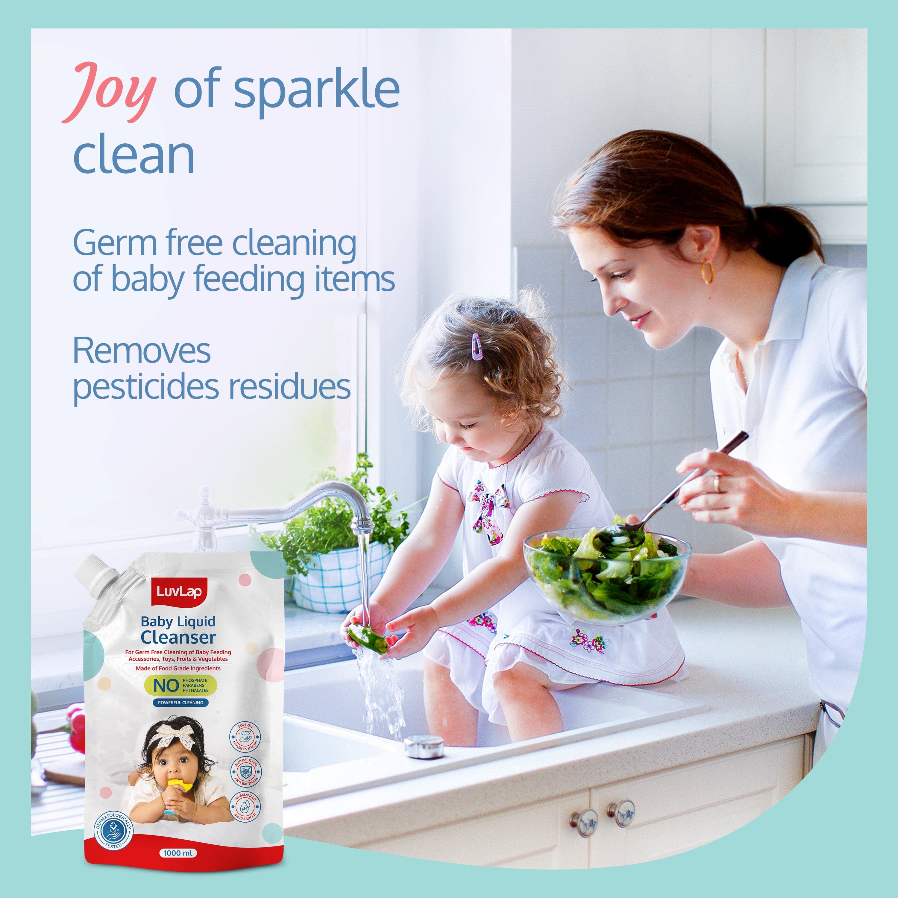 LuvLap Baby Liquid Cleanser Refill pack- 1000ml, For cleaning feeding bottle, cutlery, toys, fruits & vegetables, Kills 99.9% Germs, pH Balanced Dermatologically tested formula, No harsh chemicals