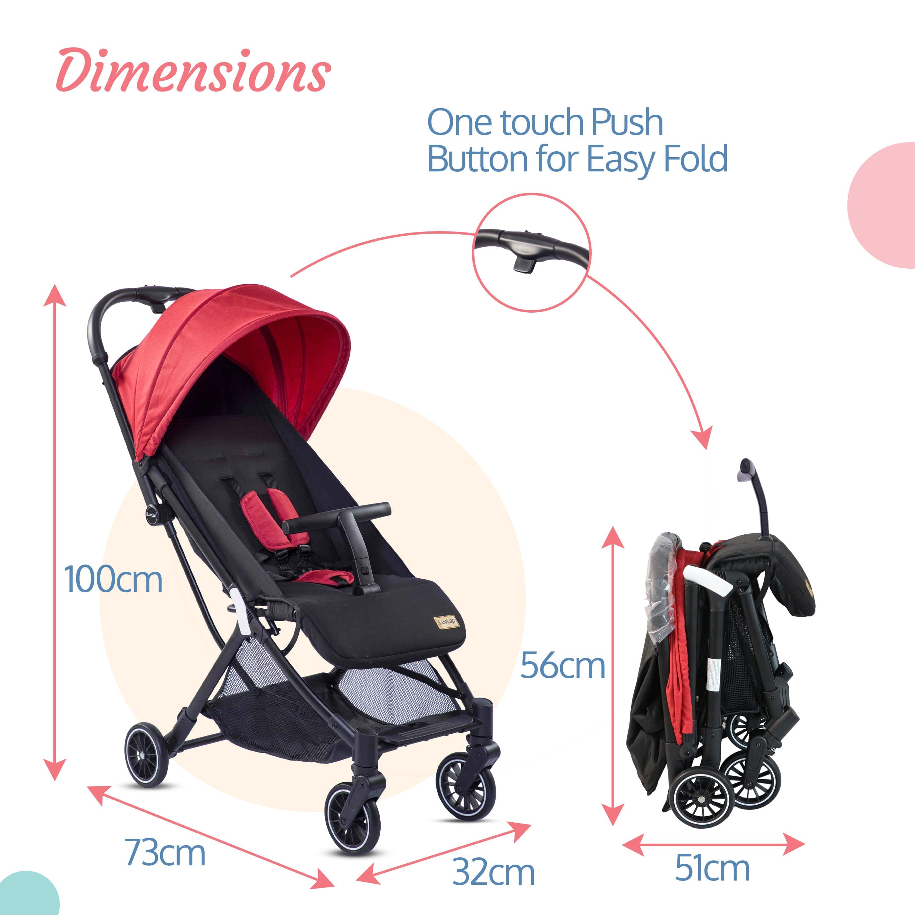 luvlap Urbane Baby Stroller/Pram with 5 Point Safety Harness,Easy Fold,Extended Canopy,Multi Level Recline,Looking Window,Easy Assembly,6 Month + (Red&Black)