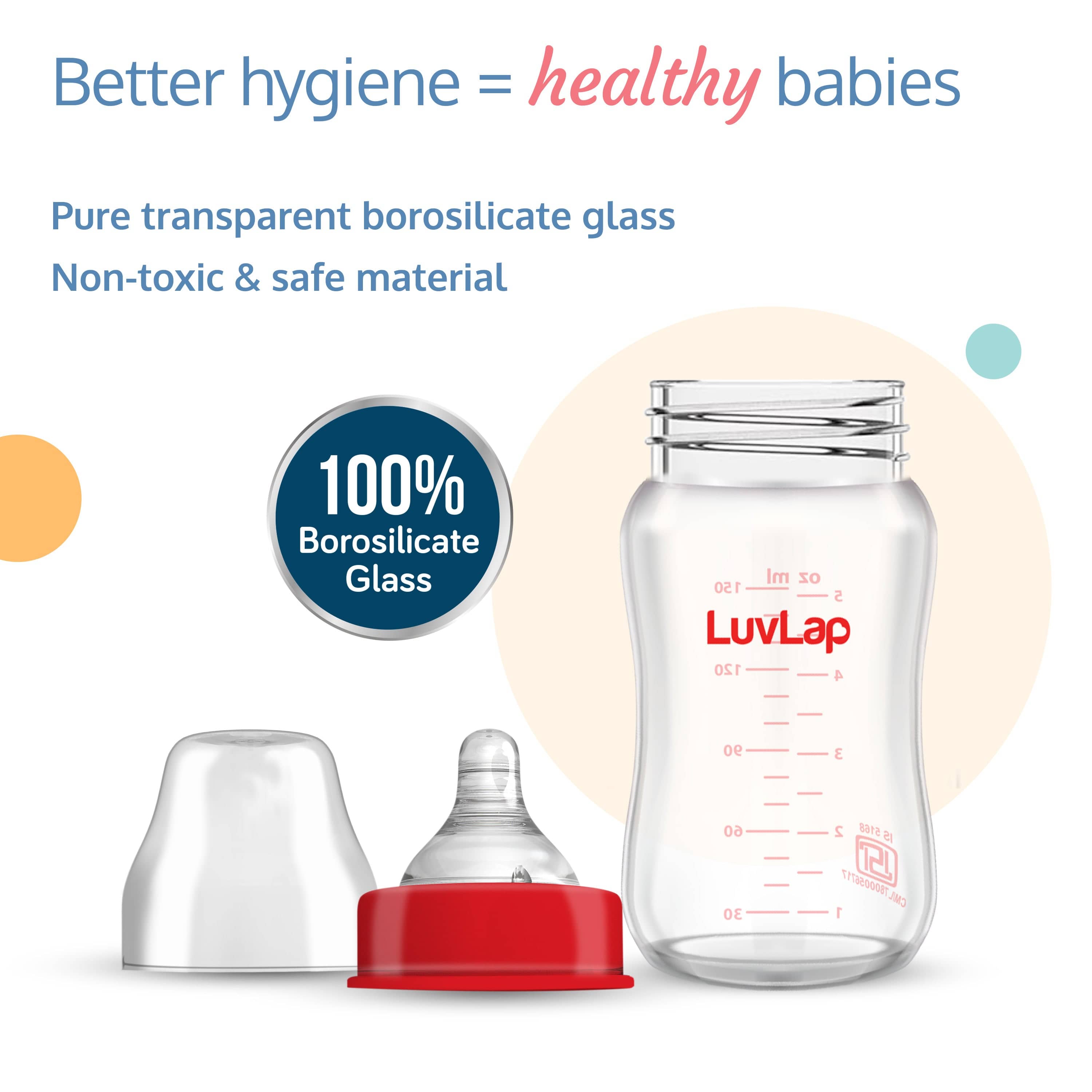 LuvLap Natura Flo Wide Neck Glass Feeding Bottle, Pack of 2, 150ml