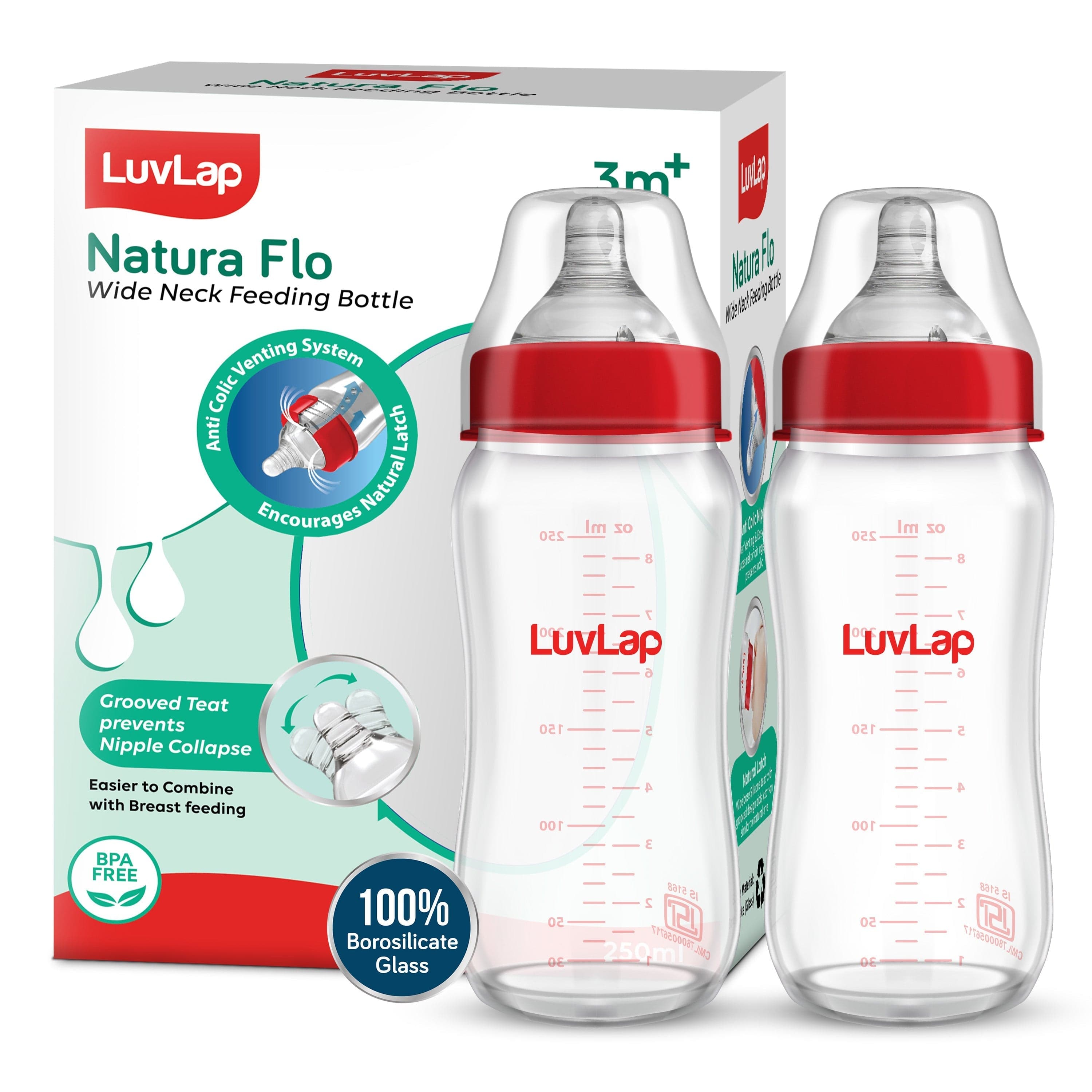 LuvLap Natura Flo Wide Neck Glass Feeding Bottle, Pack of 2, 250ml