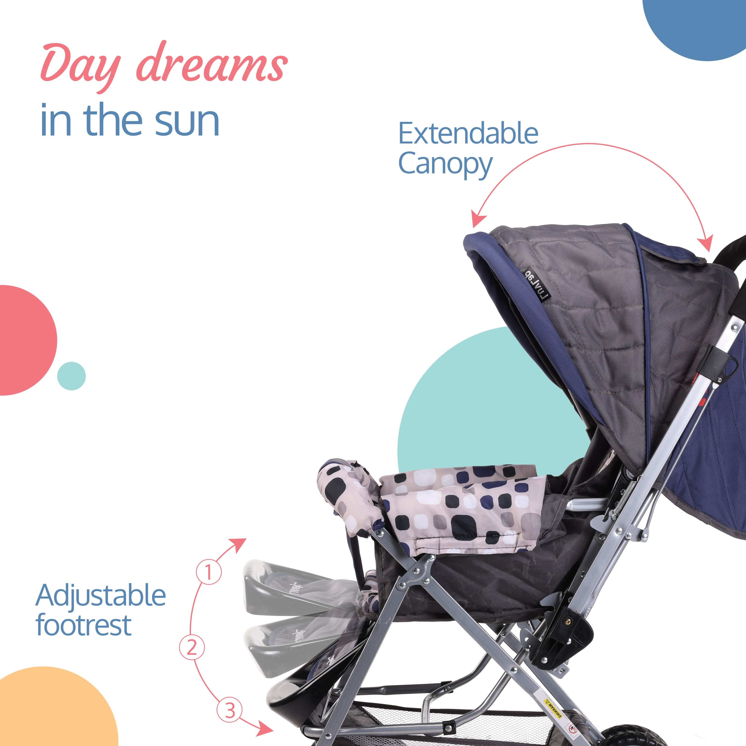 luvlap Sunshine Baby Stroller/Pram for 0 to 3 Years, New Born/Toddler/Kid, 5 Point Safety Harness, Adjustable backrest, 360° Swivel Wheel, Large Storage Basket, Reversible Handlebar(Navy Blue)