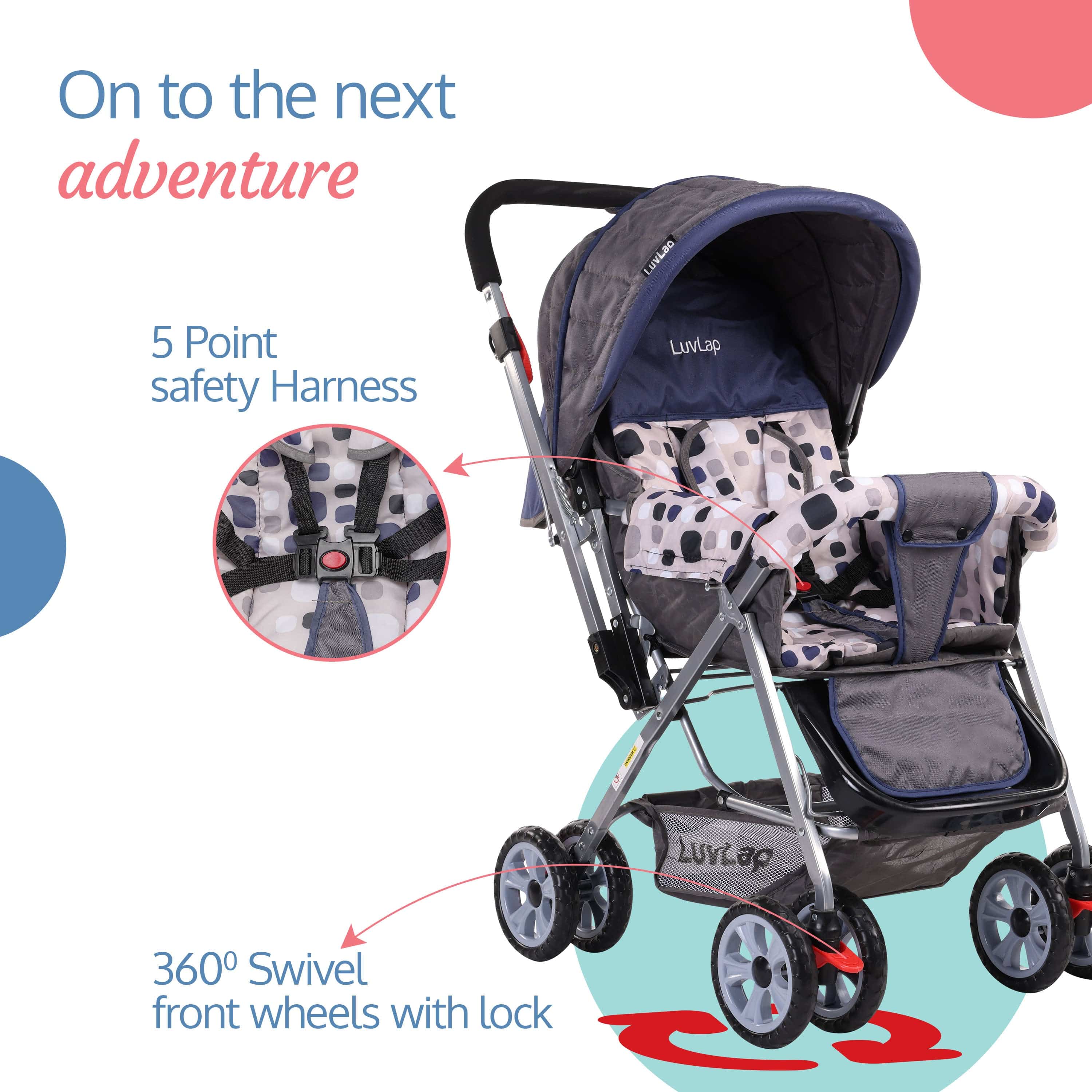 luvlap Sunshine Baby Stroller/Pram for 0 to 3 Years, New Born/Toddler/Kid, 5 Point Safety Harness, Adjustable backrest, 360° Swivel Wheel, Large Storage Basket, Reversible Handlebar(Navy Blue)
