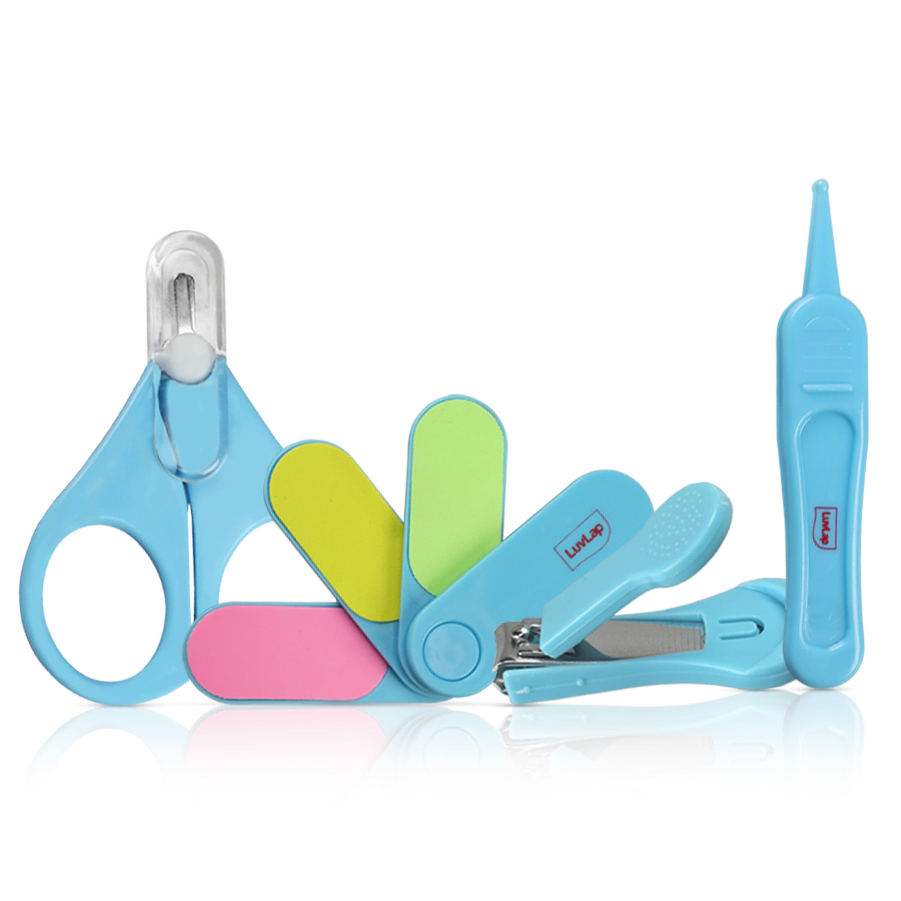 LuvLap Baby Grooming Scissors & Nail Clipper Set/Kit, Manicure Set, 4pcs, Blue, 0m+